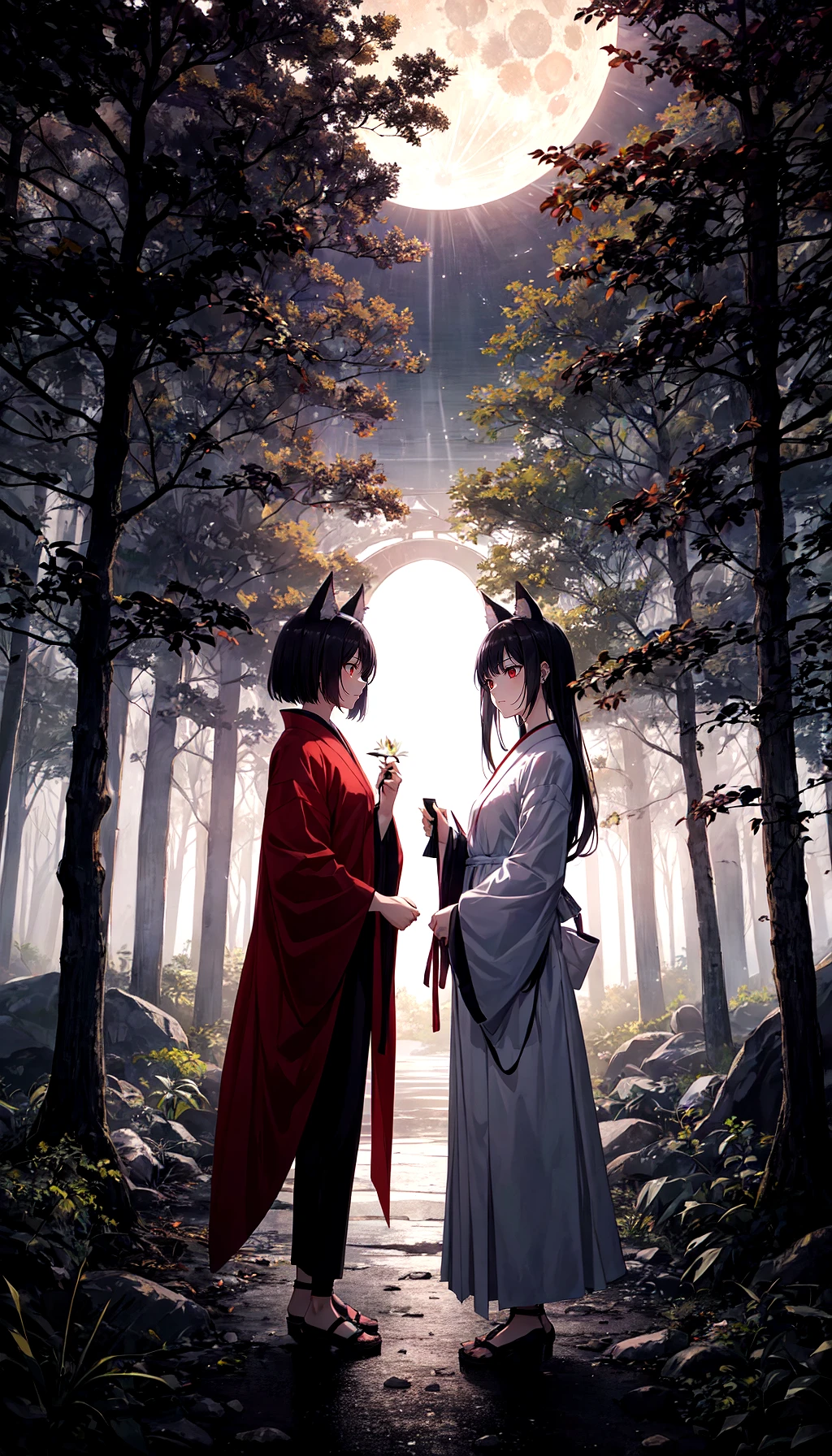 Two young yokai girls,Inugami and Shirachigo,stand together in a moonlit forest clearing. Inugami,with her long,flowing black hair and piercing red eyes,exudes an aura of malevolence,while Shirachigo,her apprentice,gazes up at her with adoration. Inugami's hand is raised,crackling with dark energy,while Shirachigo holds a delicate white lily in her hand,symbolizing purity amidst darkness. Behind them,ancient trees loom,their gnarled branches casting eerie shadows on the ground. The atmosphere is tense,hinting at the power dynamics between the two spirits. BREAK 2girls,dog ears,yokai,moonlit,forest,dark aura,red eyes,black hair,white lily,apprentice,power dynamic,tense atmosphere,eerie,shadows,crackling energy,adoration,masterpiece,best quality,very aesthetic,absurdres,