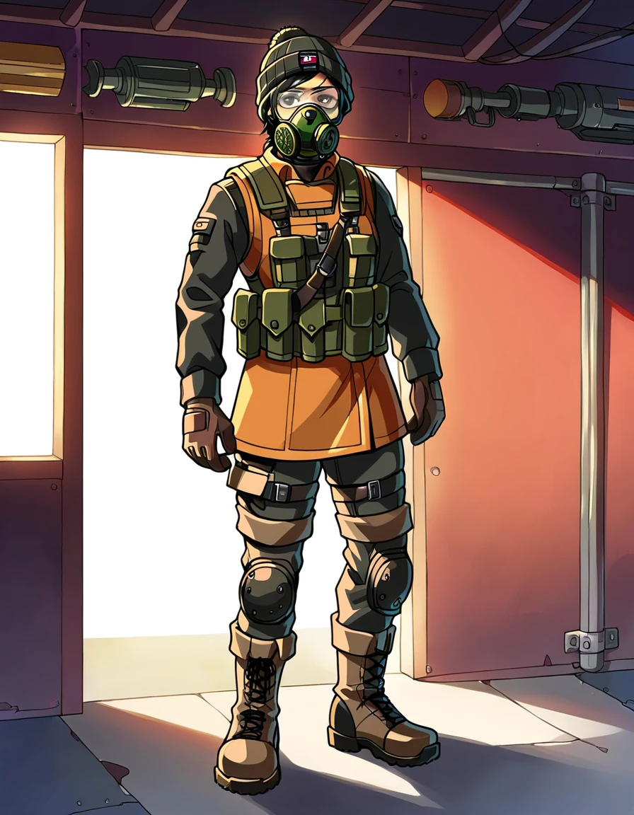 score_9,score_8_up,score_7_up, score_6_up,source_anime BREAK 1girl,annametro,<lora:AnnaPony:1>,solo,gas mask,beanie,military uniform,armor,pants,boots,indoors,in tunnel,standing,full body,black hair