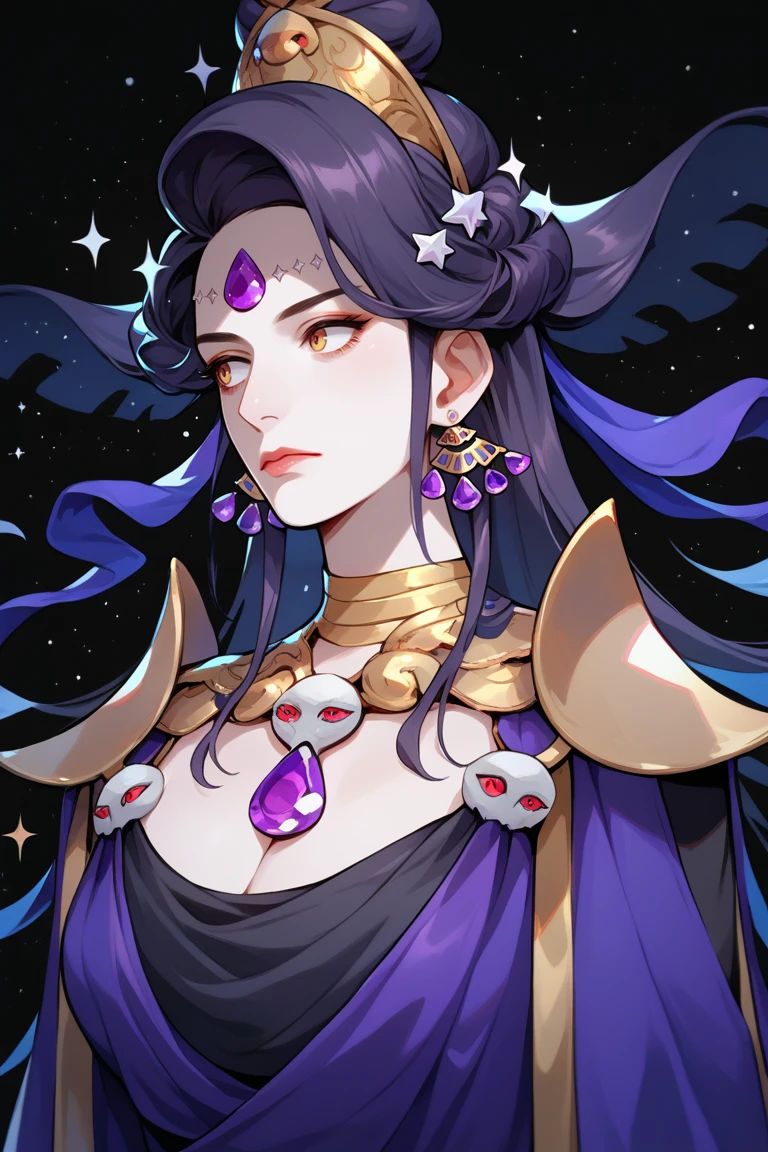 score_9, score_8_up, score_7_up, BREAK, 1girl, solo, large breasts, breasts,  <lora:nyx-guy-PONYv1:.98>, nyx, pale skin, wings, forehead jewel, makeup, hair bun, star \(symbol\), earrings, purple dress, necklace, cleavage, hair ornament, shoulder armor, armlet, sparkle, mature female, black background, simple background, upper body, portrait, looking away,