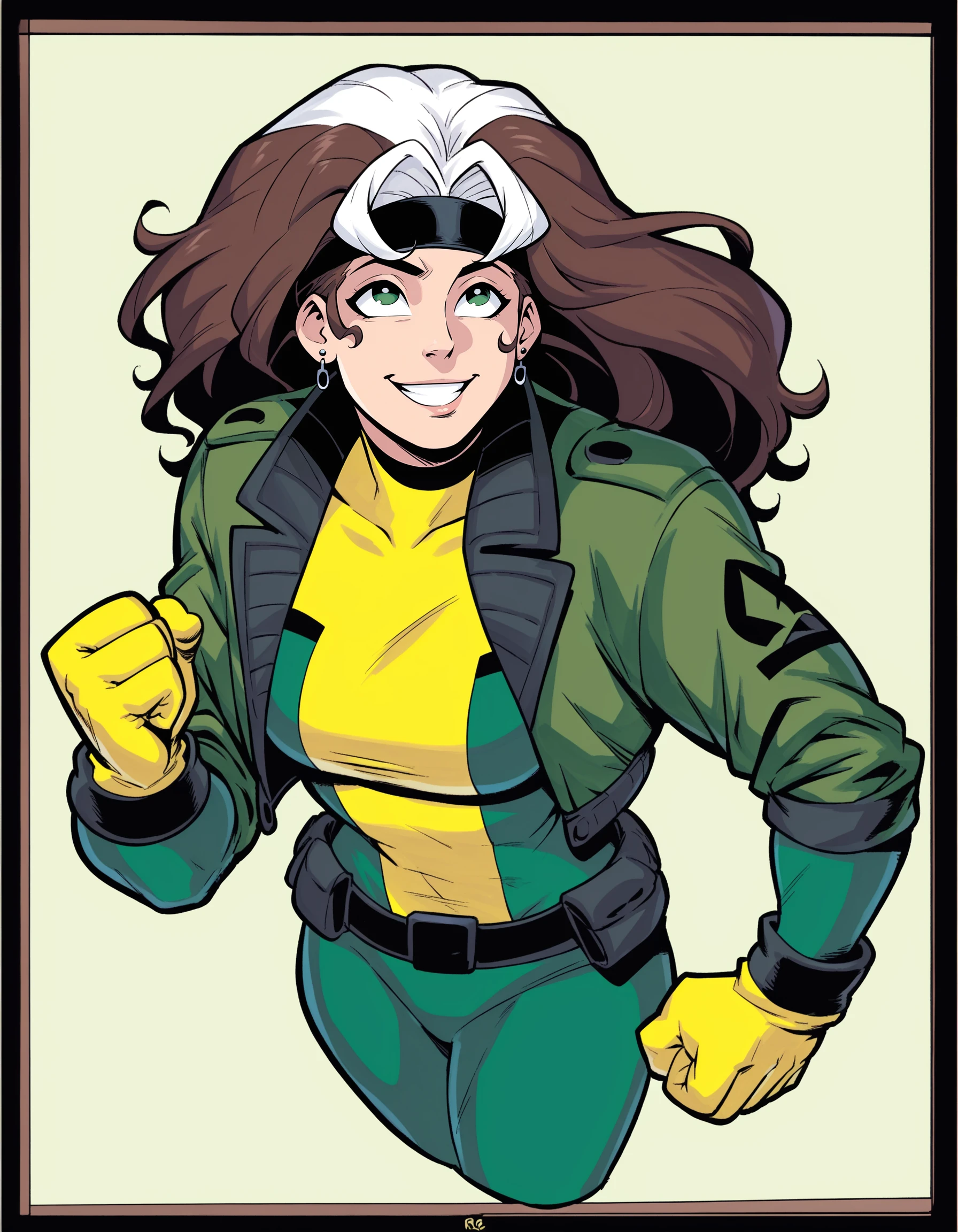 Ringo! Style, 1girl, solo, long hair, smile, brown hair, gloves, jewelry, medium breasts, green eyes, jacket, white hair, multicolored hair, earrings, bodysuit, headband, looking up, clenched hand, multicolored clothes, clenched hands, green jacket, superhero, yellow gloves, black headband, green bodysuit, yellow bodysuit, PnyCmicXLPOS, <lora:RingoStylePonyXL:1>