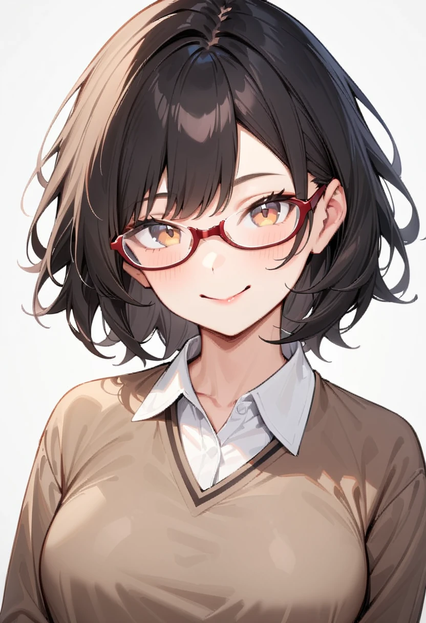 masterpiece, best quality, very aesthetic, absurdres,
1girl, solo, underrim_cell, glasses, black hair, medium hair, smile, looking at viewer, white background, upper body, collared shirt, red-framed eyewear, 
 <lora:under_rim_glasses_cell-frame_SDXL_V1:0.6>