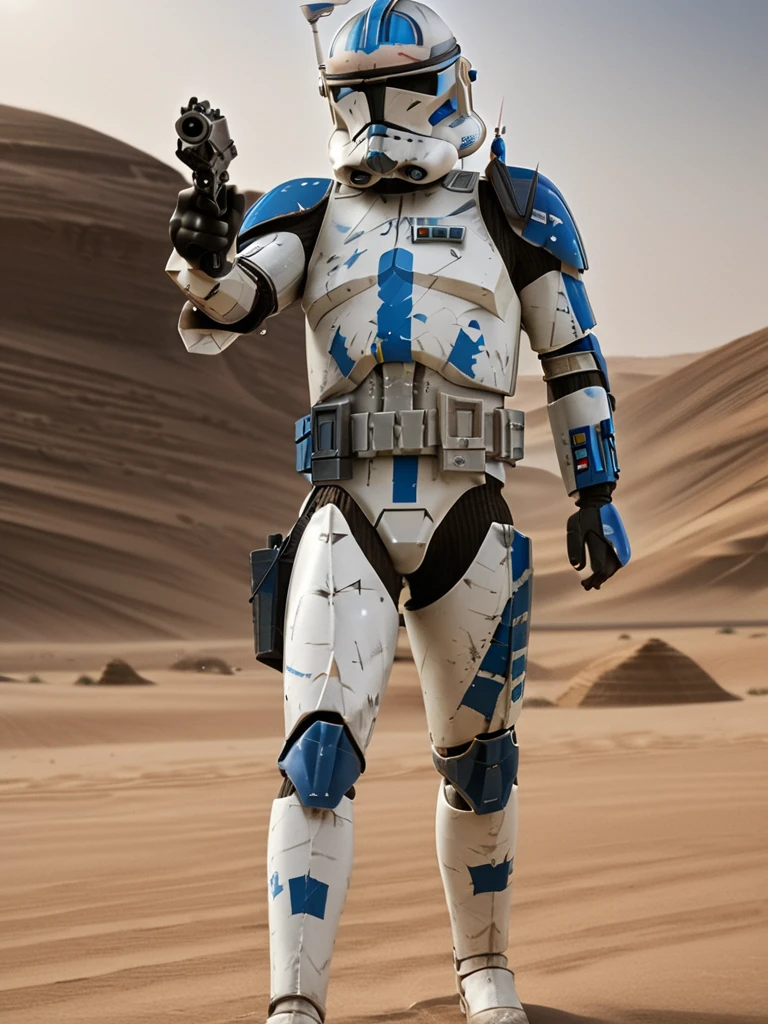 (full body1.5) shot Star Wars Clone Trooper <lora:CloneTrooper-Prequels:0.8> with blue paint markings holding and aiming a gun in a desert, 1boy, weapon, male focus, gun, solo, realistic, rifle, armor, insanely detailed, lifelike, looking at camera, atmospheric, intricate, character photography, 8k, sharp focus, unreal engine 5, volumetric lighting, octane render, vray, character photography, Fujifilm XT3, DSLR, 50mm, ultra-realistic, hyperrealism, authentic star wars atmosphere, masterpiece, trending on artstation