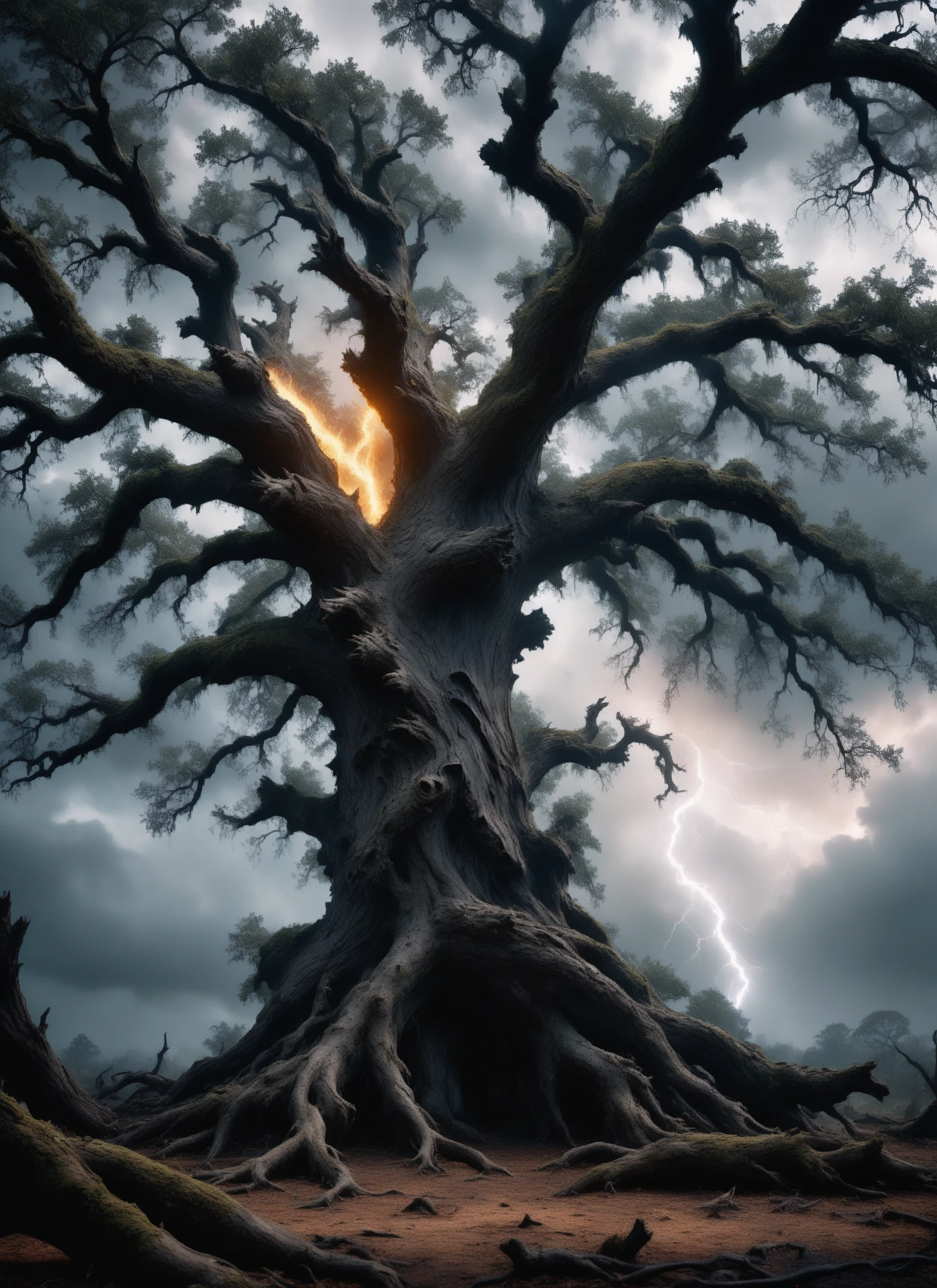 Realistic 8K raw photography, (Massive ancient oak shattered by lightning:1.3), Striking asymmetry, Charred bark, Twisted limbs, (Foreboding ambiance:1.2), Scattered debris, Smoke tendrils, Haunting setting, (Menacing skies:1.3), Shot with a Canon EOS R5, 50mm f/1.4 lens, Realistic details, Intense drama, Textured surfaces.