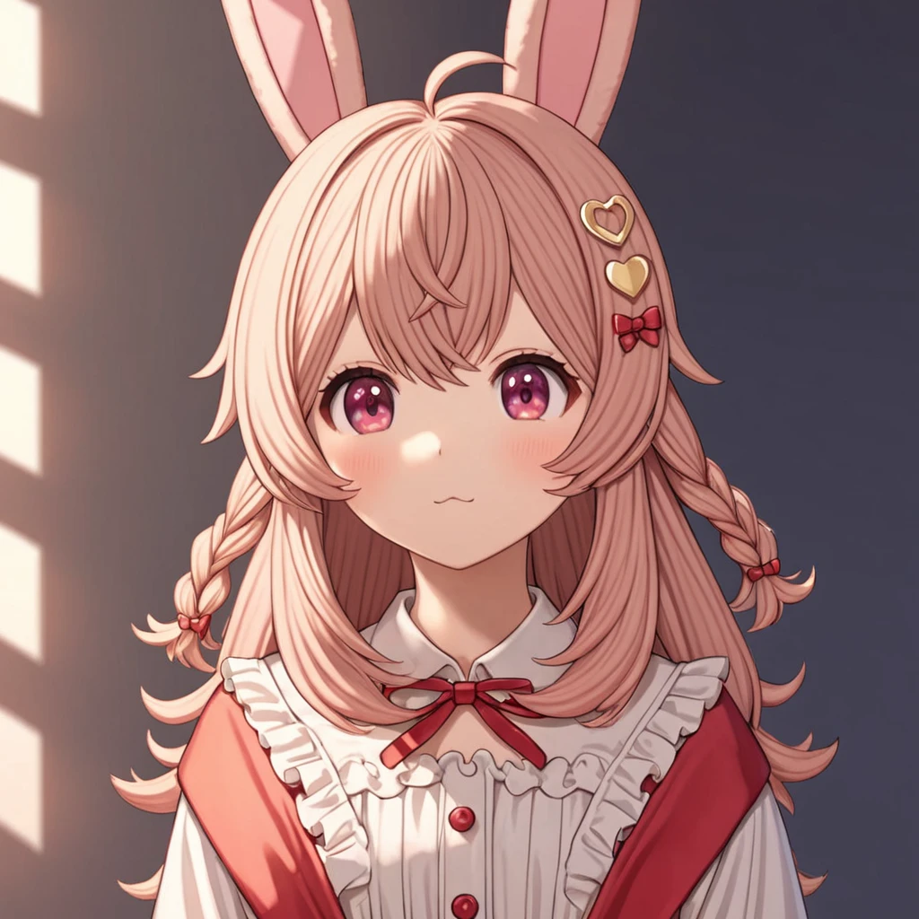 pippa, :3 rabbit ears, bangs, closed mouth, rabbit girl, sleeves past wrists, solo, twin braids, virtual youtuber, ahoge, pink eyes, 
pipi hairclip, heart hairclip, bow hairclip, bunny hairclip, red bow hairclip, tiny heart hairclip,
((white blouse, frills,bedroom,book))
(((best quality, ultra-detailed, shading, sharpness, volumetric lighting, cowboy shot)))
 <lora:PIPPA-XL-t9-000001:0.6>