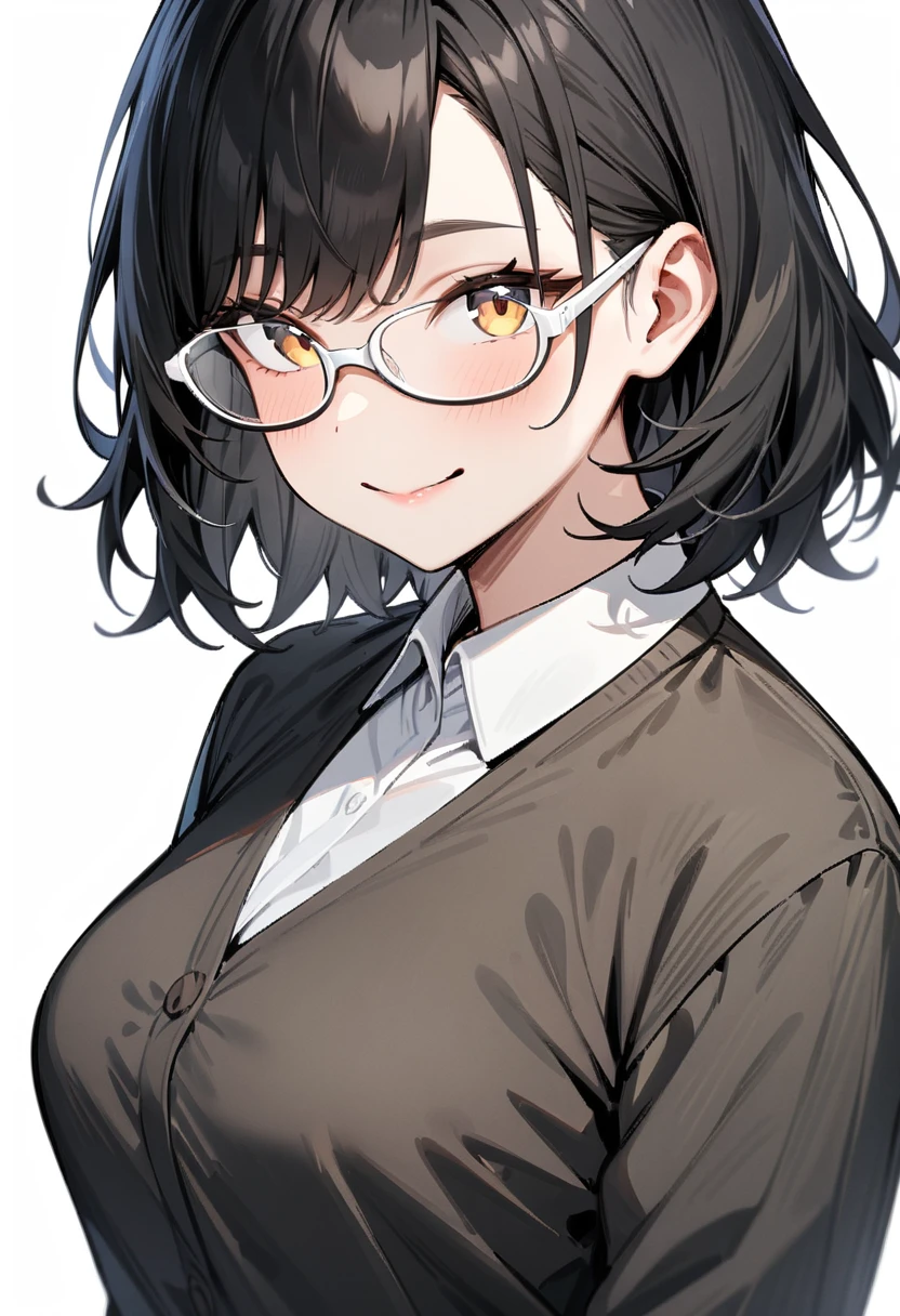 masterpiece, best quality, very aesthetic, absurdres,
1girl, solo, underrim_cell, glasses, black hair, medium hair, smile, looking at viewer, upper body, collared shirt, white framed eyewear, 
white background, simple background, 
 <lora:under_rim_glasses_cell-frame_SDXL_V1:0.4>