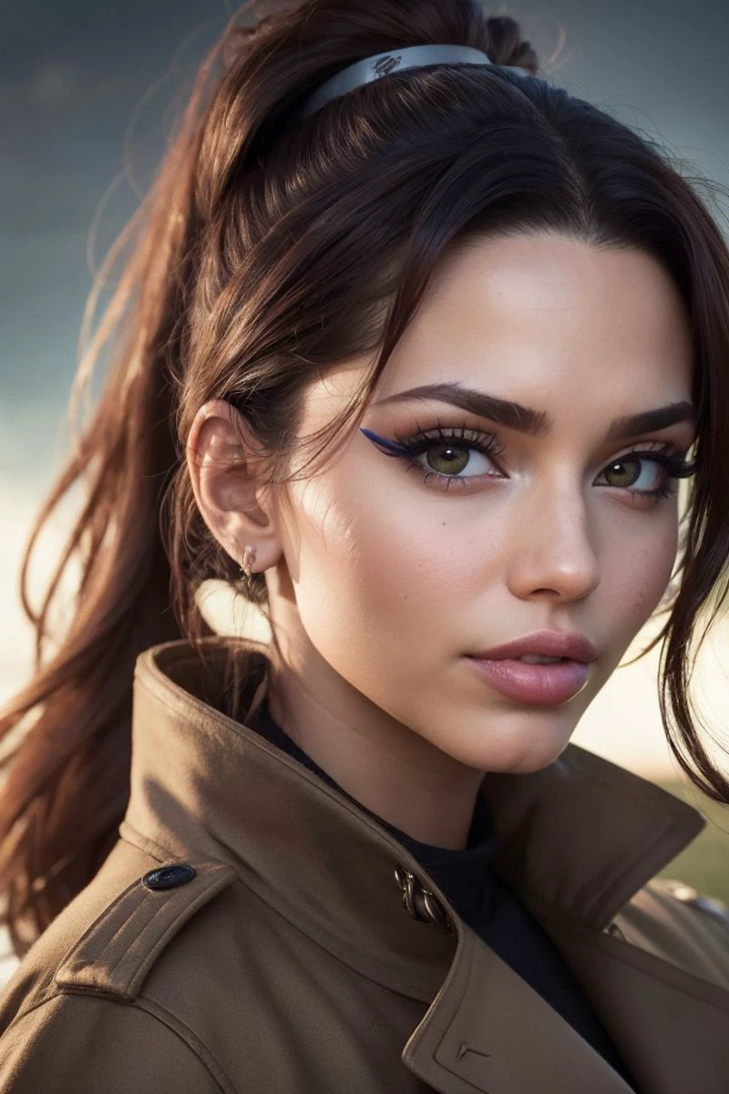portrait of S372_PaigeWoolen,a gorgeous woman,on a (field:1.1),wearing a (trench-coat:1.1),(ponytail),(4k, RAW photo, best quality, 35mm, depth of field, ultra high res:1.1),(intricate, photorealistic, cinematic-shot, masterpiece, ultra-detailed:1.1),