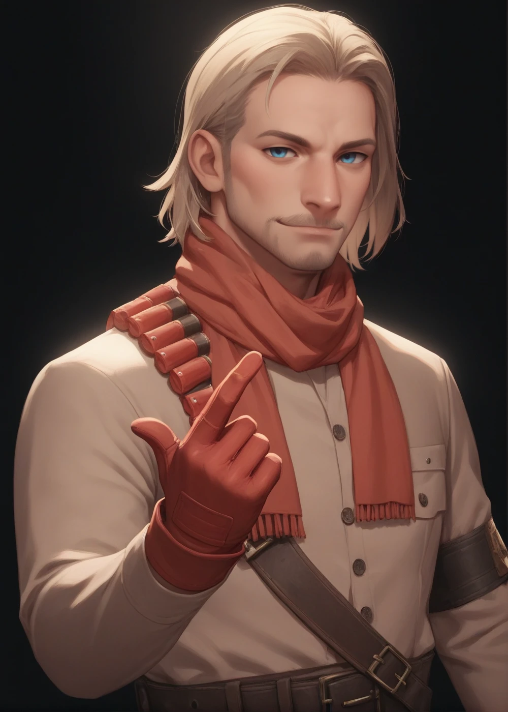 upper body, finger pistols gesture at viewer, 45 angle shot, black background,<lora:Revolver_Ocelot:0.8> ocelot, facial hair, red scarf, medium hair, blue eyes, khaki shirt, belt, red gloves, brown pants, looking at viewer,, BREAK score_9, score_8_up, score_7_up, score_6_up, score_5_up,