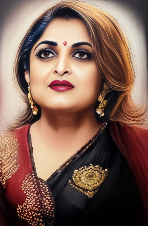 RamyaKrishnan,<lora:RamyaKrishnanSD1.5:1>breathtaking portrait of a gorgeous girl, sultry, red scarf, dark gold and black, gossamer fabrics, jagged edges, eye-catching detail, insanely intricate, vibrant light and shadow , beauty, paintings on panel, textured background, captivating, stencil art, style of oil painting, modern ink, watercolor , brush strokes, negative white space