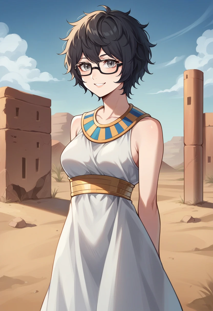 score_9, score_8_up, score_7_up, source_anime BREAK 1girl, solo,  <lora:zs_MiyazuXL:1> miyazusmtv, short hair, messy hair, grey eyes, glasses, medium breasts, egyptian dress, smile, desert town, dunes, cowboy shot, blue sky, desert, hands behind back