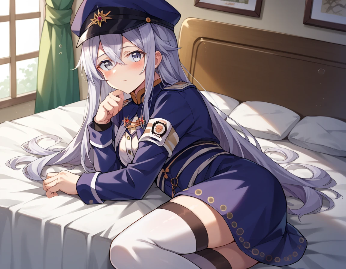 score_9, score_8_up, score_7_up, source_anime,
vladilenamilize, <lora:vladilena-milize-ponyxl-lora-nochekaiser:1>,
vladilena milize, grey eyes, grey hair, hair between eyes, long hair, ahoge,
blue headwear, blue jacket, blue skirt, hat, jacket, military, military hat, military uniform, peaked cap, shirt, skirt, thighhighs, uniform, white shirt, white thighhighs,
indoors, bed, bed room, on side, blush, drunk,
looking at viewer, dutch angle, cowboy shot,