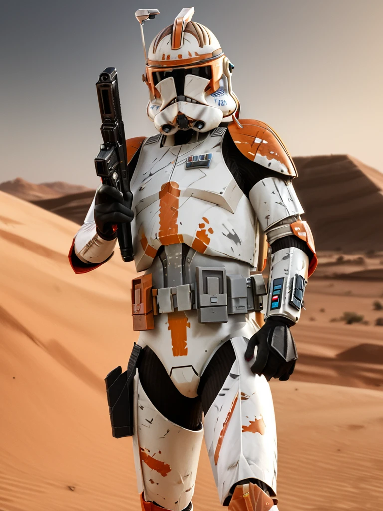 (upper body1.5) shot Star Wars Clone Trooper <lora:CloneTrooper-Prequels:0.8> with orange paint markings holding and aiming a gun in a desert, 1boy, weapon, male focus, solo, realistic, rifle, armor, insanely detailed, lifelike, looking at camera, atmospheric, intricate, character photography, 8k, sharp focus, unreal engine 5, volumetric lighting, octane render, vray, character photography, Fujifilm XT3, DSLR, 50mm, ultra-realistic, hyperrealism, authentic star wars atmosphere, masterpiece, trending on artstation