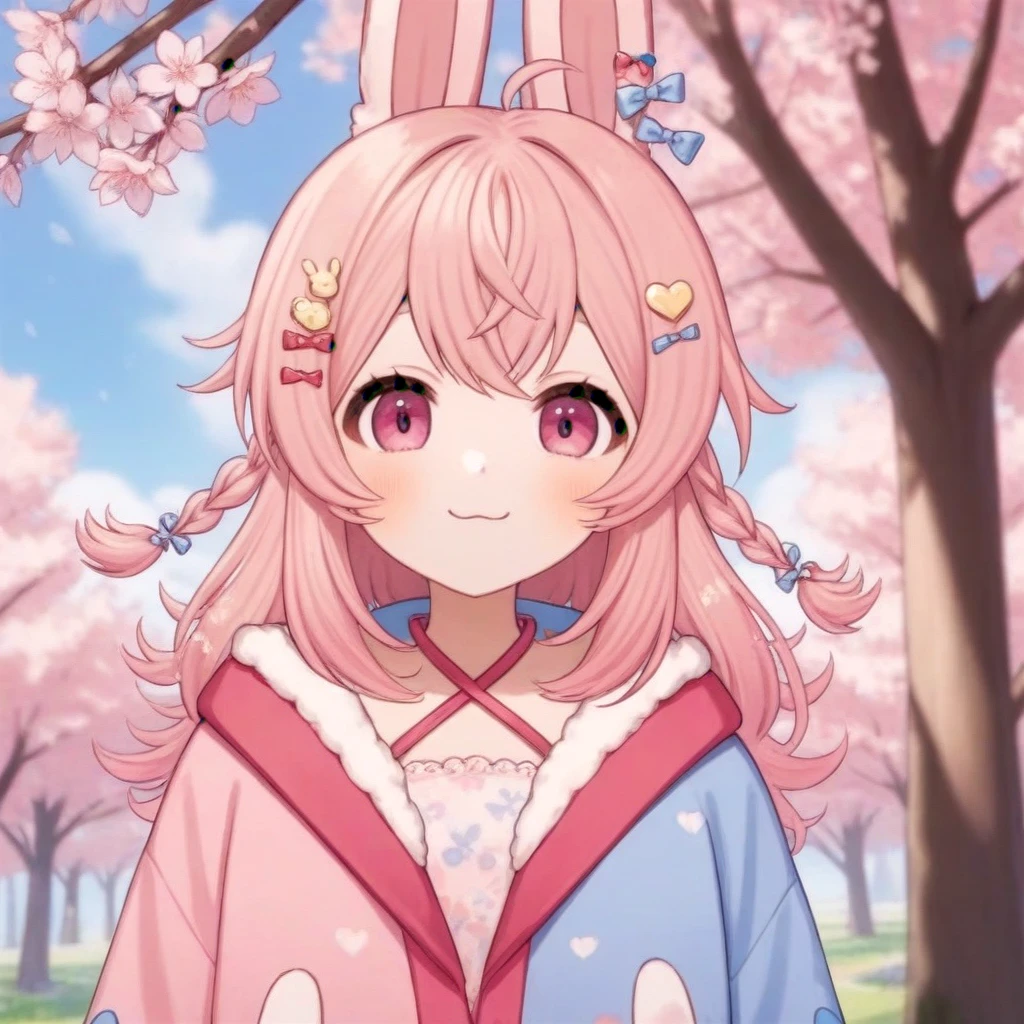 pippa, :3 rabbit ears, bangs, rabbit girl, sleeves past wrists, solo, twin braids, virtual youtuber, ahoge, pink eyes, pink hair
pipi hairclip, heart hairclip, bow hairclip, bunny hairclip, red bow hairclip, tiny heart hairclip,
((oversized sweater, clouds, sakura trees))
(((best quality, ultra-detailed, shading, sharpness, volumetric lighting,)))
 <lora:PIPPA-XL-t9-000001:0.6>