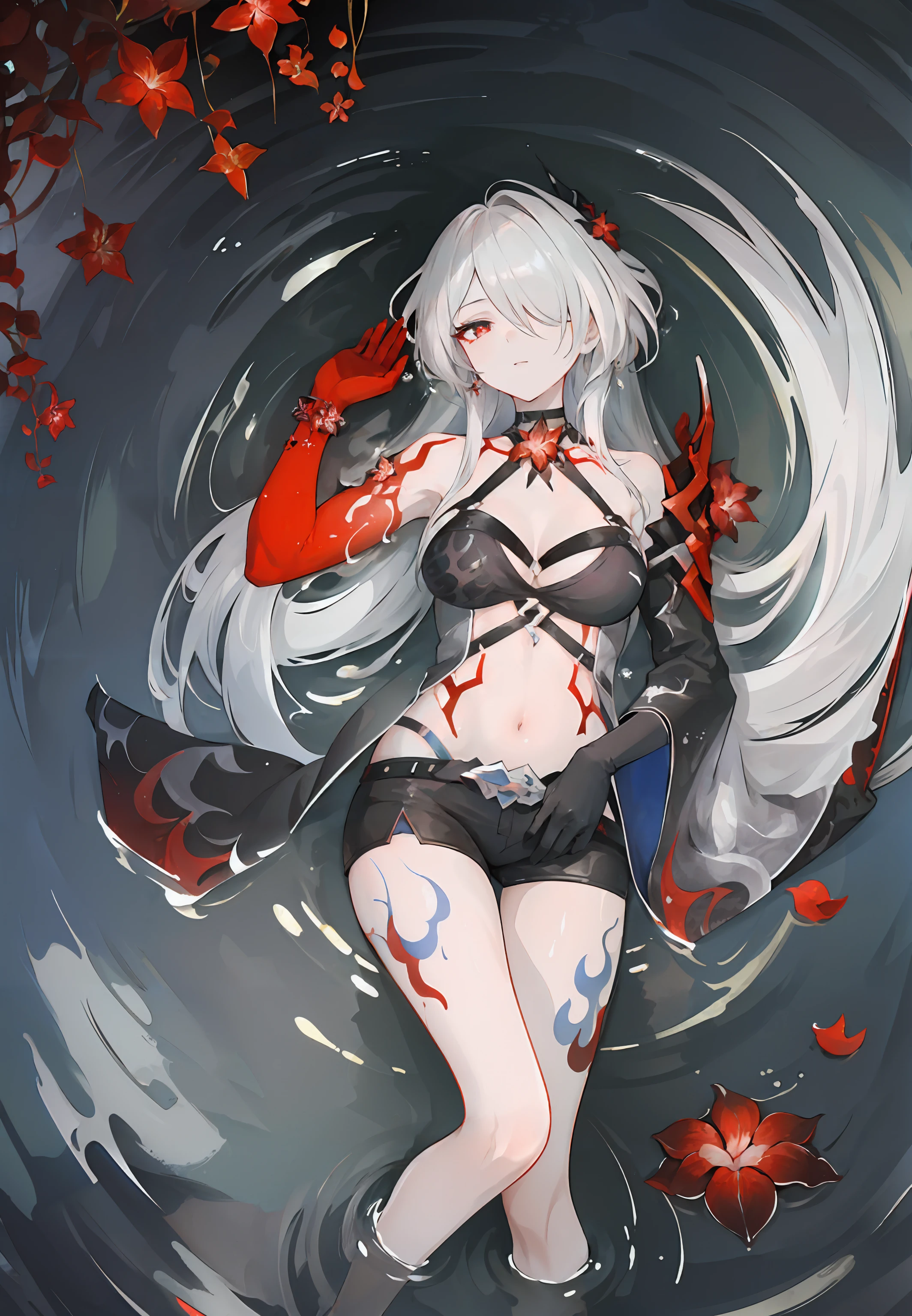 ((masterpiece,best quality)), 1girl, acheronult, hair over one eye, body tattoo, red arm, single glove, detached sleeve, bare legs, lying, water, red flower, rain, ripples, from above,