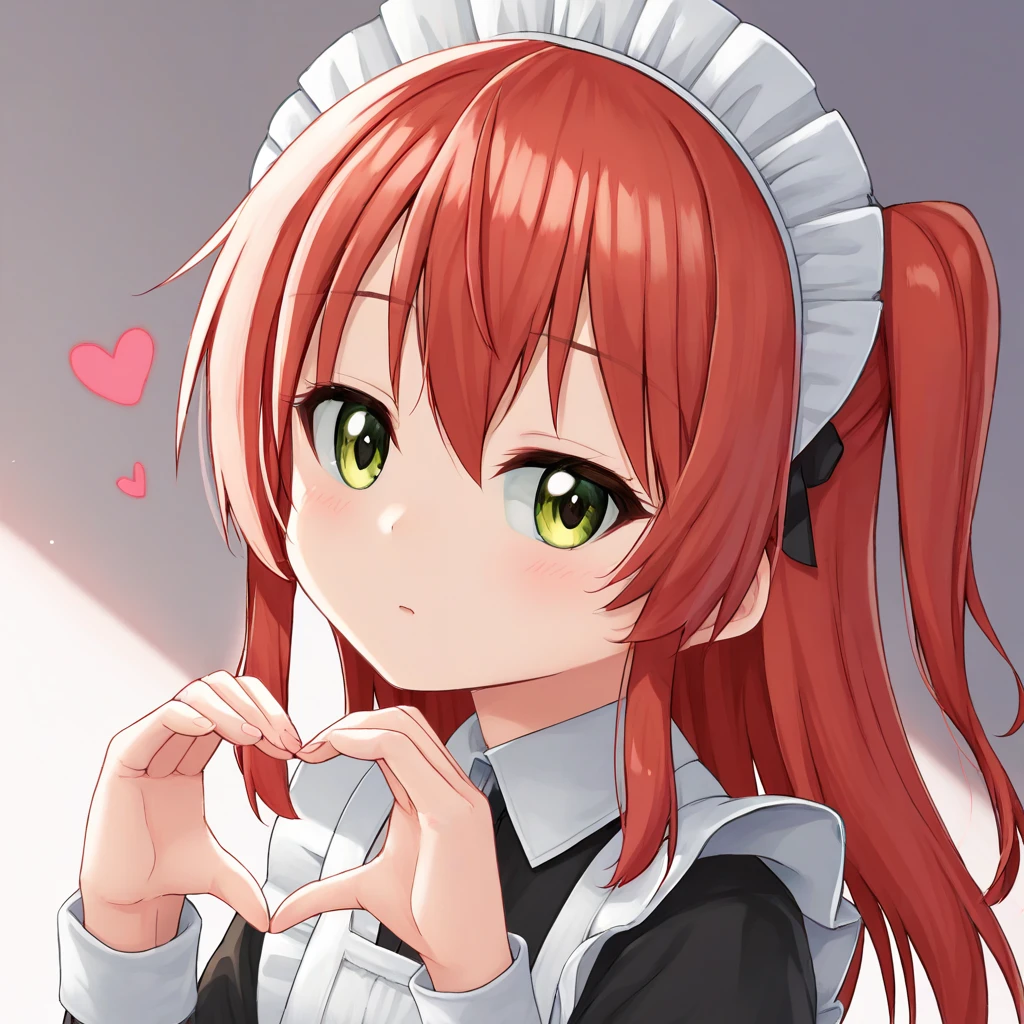 ikuyo kita, 1girl, solo, red hair, maid dress, upper body, side ponytail, sidelock, small breasts, ruffles, maid headpiece, enmaided, heart hand, ;p