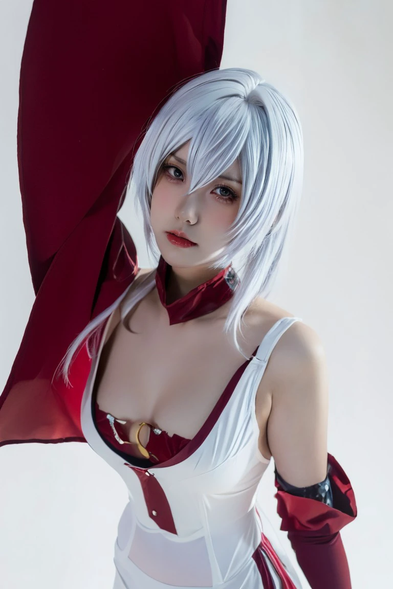 1girl, large breasts, looking at viewer, realistic, photorealistic, lips, (cosplay:1),  cinematic lighting, highly detailed, sharp focus, professional photoshoot, 8k, DOF, (in studio, white background), arms behind, <lora:1nnn:1.0> ,<lora:breastsizeslideroffset:-0.2>, <lora:skin_slider_v2_1_FACE:0.5>, <lora:add_detail_v5:1>