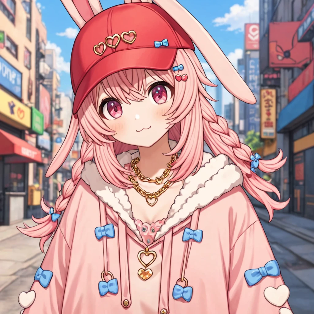 pippa, :3 rabbit ears, bangs, closed mouth, rabbit girl, sleeves past wrists, solo, twin braids, virtual youtuber, ahoge, pink eyes, 
pipi hairclip, heart hairclip, bow hairclip, bunny hairclip, red bow hairclip, tiny heart hairclip,
(outside, city)
((gangster, backwards cap, gold chain, jewlery, gangster clothes, swag, full body, holding a gun, baggy pants,))
(((best quality, ultra-detailed, shading, sharpness, volumetric lighting, cowboy shot)))
 <lora:PIPPA-XL-t9-000001:0.6>