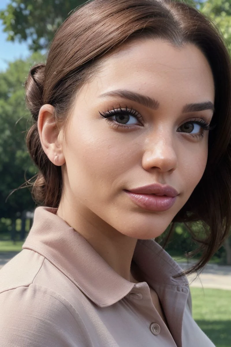 closeup headshot of S372_PaigeWoolen,a beautiful woman,in a (park:1.1),wearing a (polo-shirt:1.1),(updo-hair),(4k, RAW photo, best quality, 35mm, depth of field, ultra high res:1.1),(intricate, photorealistic, cinematic-shot, masterpiece, ultra-detailed:1.1),