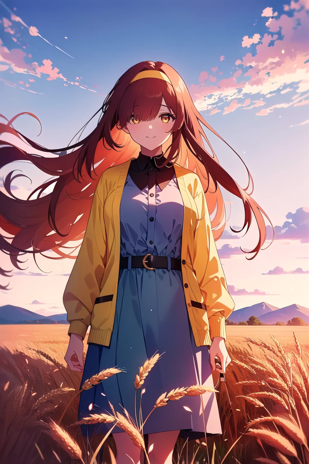 1girl, hhr_shiori, red hair, long hair, (yellow hair band:1.2), hair band, large breast, standing, pov, portrait, looking at viewer, evening, bandage over one eye, holding matchstick, artist name, solo, brown belt, very long hair, outdoors, wheat field, large breasts, smile, floating hair, wheat bundle, twitter username, yellow cardigan, looking down, twitter logo, dress, film grain, cardigan, sky, yellow eyes, breasts, yellow sky, wavy hair, clear sky, chin strap, belt, field, multicolored sky, wheat, grey dress, masterpiece, best quality, absurdres <lora:GoodHands-vanilla:1> <lora:flat2:0.4> <lora:add_sharpness:0.2> <lora:hrr_shiori:0.8>