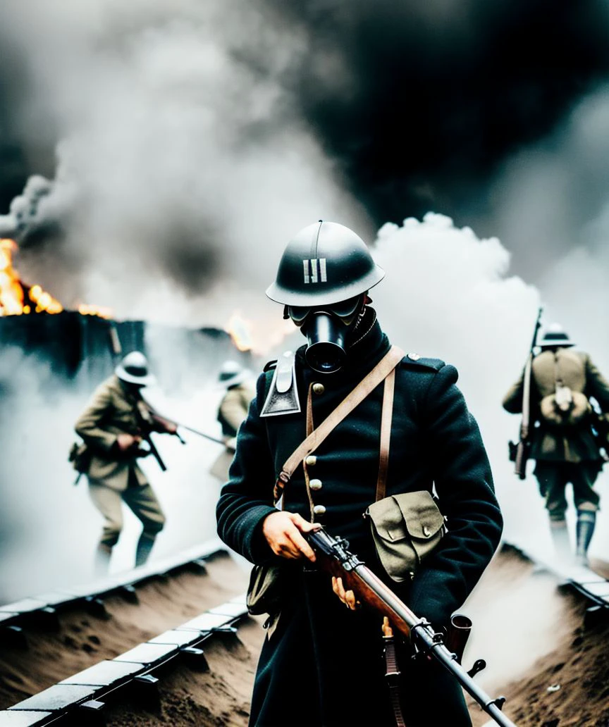 photo of a dieselpunk soldier in smoke holding a rifle, bolt action rifle, in a trench, wearing a gas mask, high contrast, dystopian ww1, sharp focus, good quality, bokeh, on a battlefield, fire in backround, dramatic lighting, cinematic