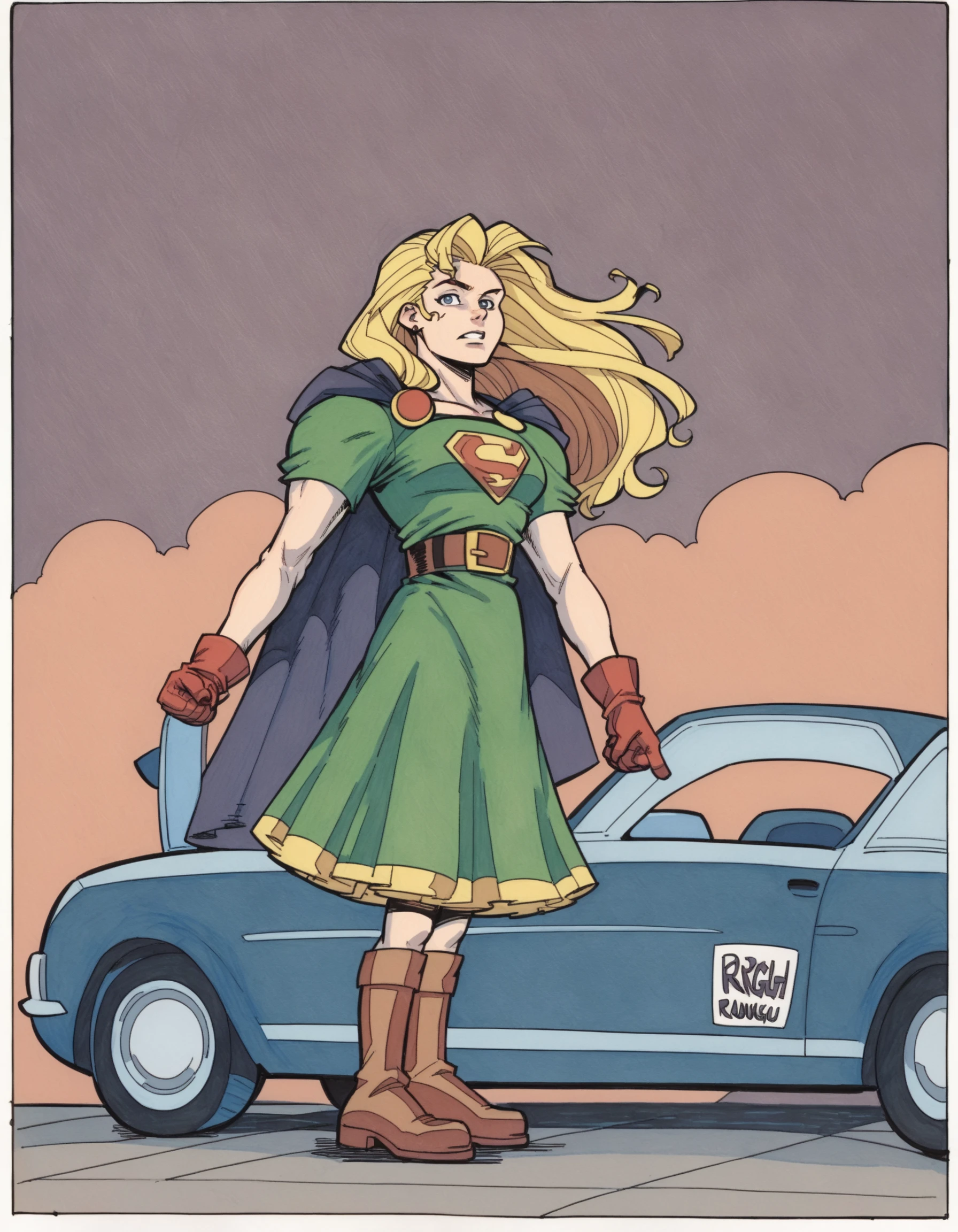 Ringo! Style, 1girl, blonde hair, boots, cape, car, dress, gloves, muscular, ringo! style, solo, traditional media, PnyCmicPosXL, <lora:RingoStylePonyXL:1>