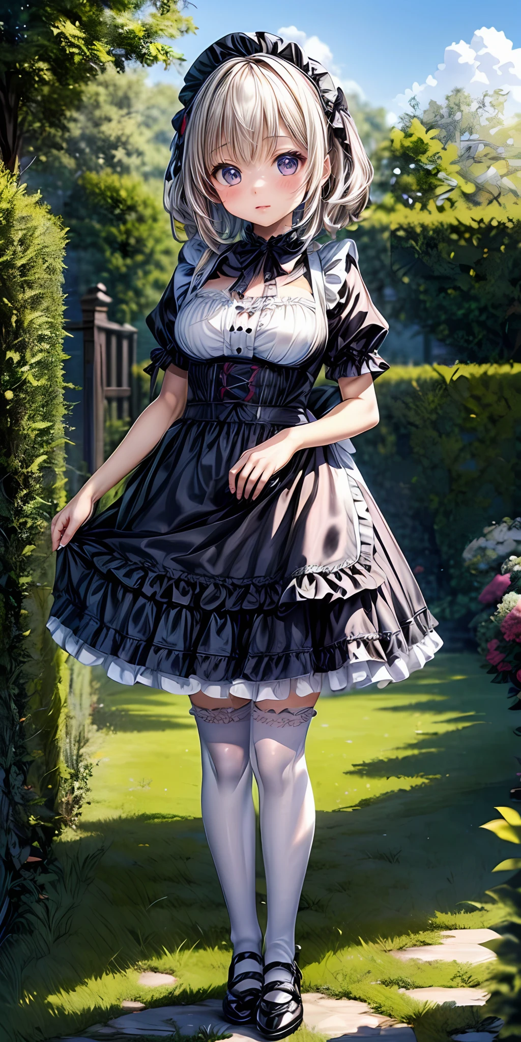 (masterpiece,ultra-detailed,best quality,8K,CG,illustration,shaved:1.0),(ite girl:1.0) <lora:more_details:1>, simple background,
<lora:jyoji fuku v18.0:0.5> jyojifuku, frills, apron,thighhighs,shoes,garden,outdoor,sky,bow <lora:lkp v1.1:0.4> lkp, breasts