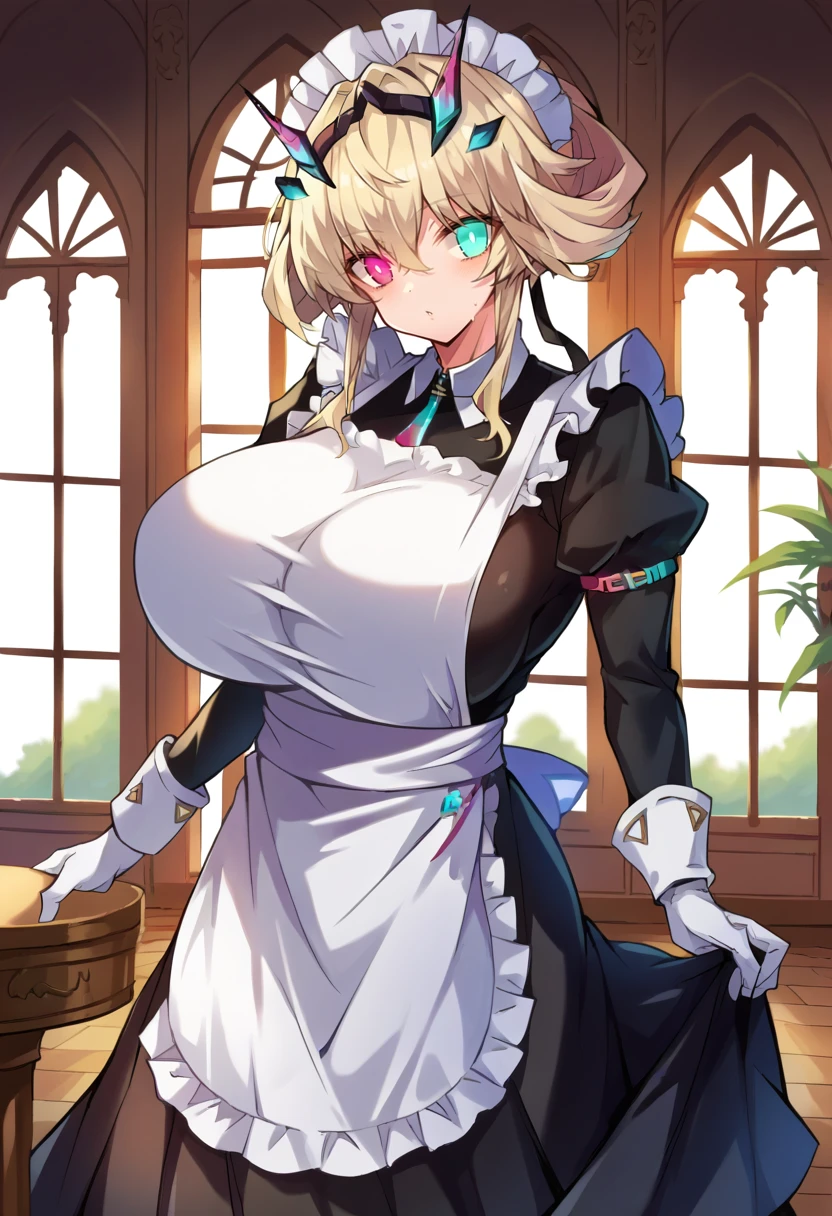 score_9, score_8_up, score_7_up, source_anime BREAK 1girl, solo, looking at viewer, cowboy shot,  <lora:Barghest_Sdxl:0.9>, Barghest_Maid, platinum blonde hair, twin braids, short hair, sidelocks, hair up, hair bun, heterochromia, glowing eyes, maid headdress, frilled dress, pleated dress, juliet sleeves, maid apron, collar, black skirt, long skirt, white gloves, huge breasts, curvy, indoors, vila, marble floor, glass table, day, window,  <lora:Rokusho-Style-PonyXL:1>