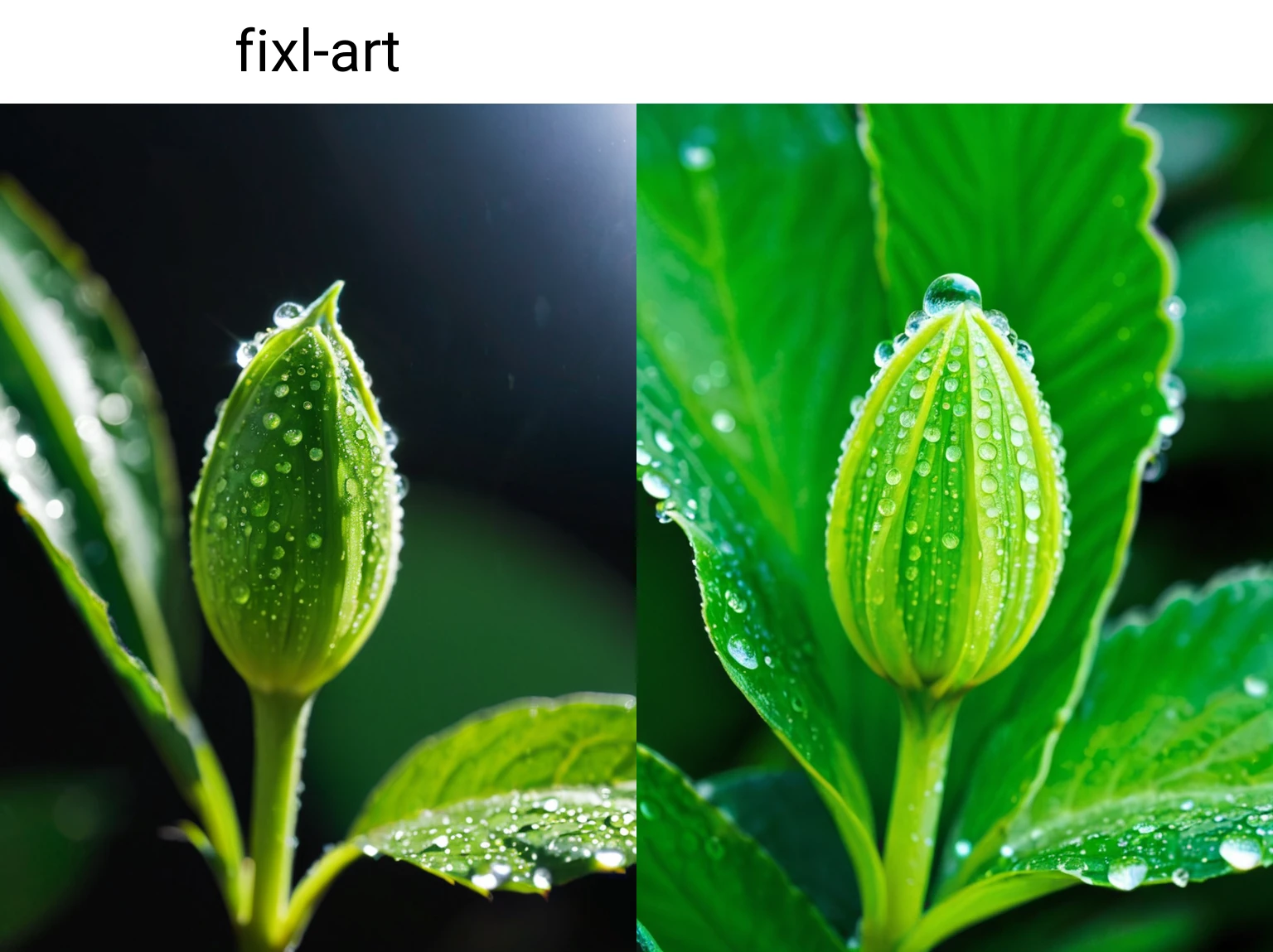 still life blossoming bud alien flower, morning dew on leaves,
fixl-art
