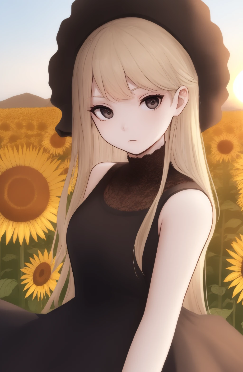 @meke77842928, meke77842928\(Artist\), masterpiece, 1girl, ((portrait shot)), black eyes:1.5, nose, blonde hair, two-tone hair, eyeliner, closed mouth, looking at viewer, long hair, sun dress, background: field of sunflowers, sunrise, solo, upper body, <lora:meke77842928 Style:1>