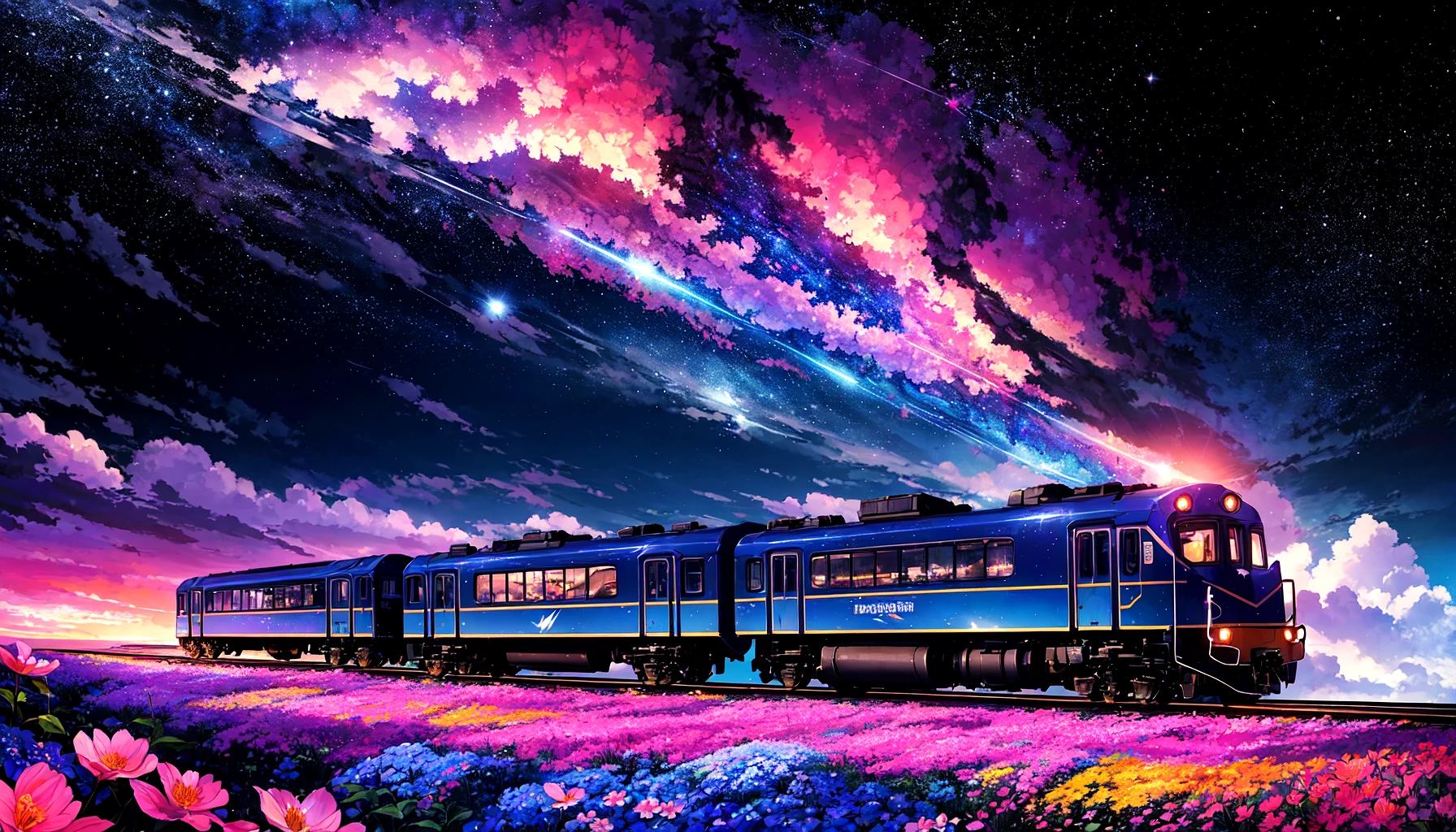 Hyperrealistic train detailed with blooming flowers,ethereal cloud animals with shimmering outlines,passengers gazing in awe,vast sky with swirling galaxies,cosmic colors (purples, blues, pinks),dramatic lighting,mystical atmosphere,wide shot,