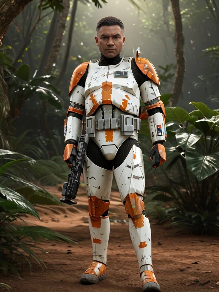 (full body1.5) shot Star Wars Clone Trooper <lora:CloneTrooper-Prequels:0.8> with orange paint markings in a jungle, 1boy, weapon, male focus, gun, solo, realistic, helmet removed, rifle, armor, insanely detailed, lifelike, looking at camera, atmospheric, intricate, character photography, 8k, sharp focus, unreal engine 5, volumetric lighting, octane render, vray, character photography, Fujifilm XT3, DSLR, 50mm, ultra-realistic, hyperrealism, authentic star wars atmosphere, masterpiece, trending on artstation