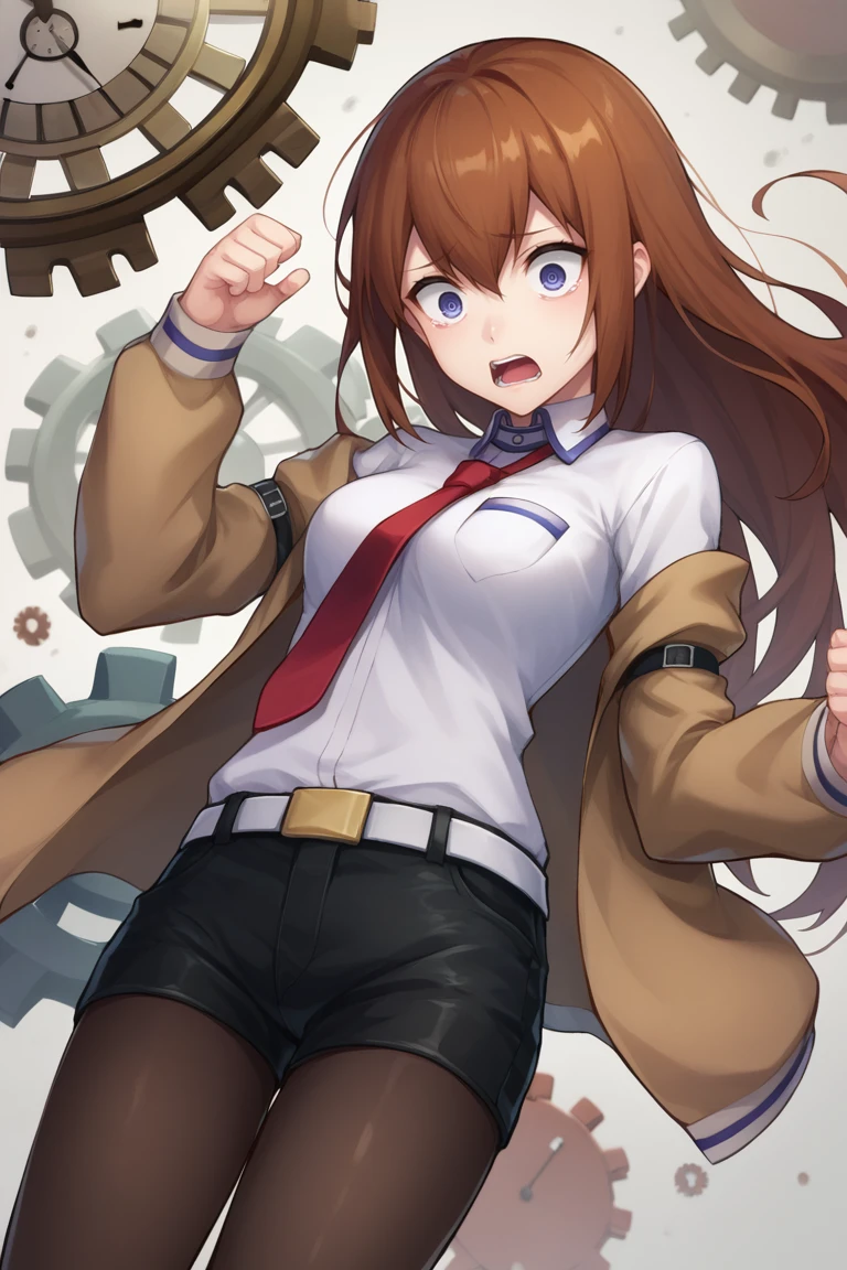 score_9, score_8_up, score_7_up, BREAK, 1girl, solo, breasts,  <lora:diabolumberto-guy-PONYv1:1>,  <lora:steinsgate_makise_ponyXL:0.9> makise kurisu, brown jacket, off shoulder, white shirt, red necktie, black shorts, pantyhose, legwear under shorts, white belt, abstract background, clock, gears, falling, midair, scared, floating,