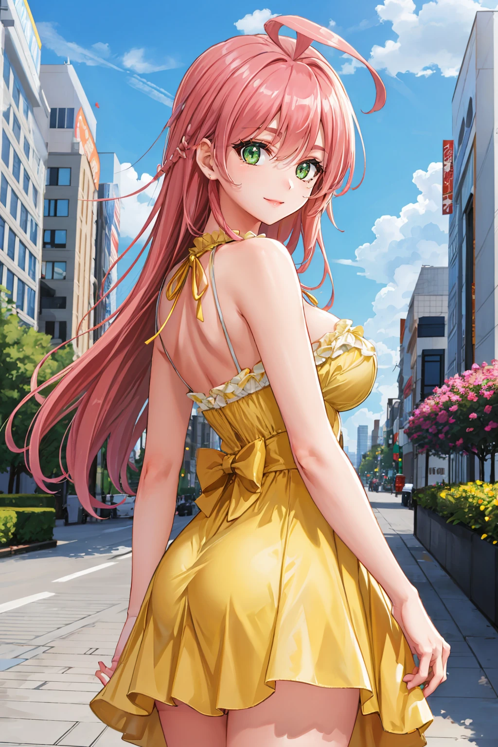 masterpiece, best quality, 1girl,  <lora:kemekomm-nvwls-v1-000009:0.9> kemekomm, green eyes, ahoge, yellow sundress, large breasts, blue sky, city, garden, from behind <lora:edgChamYellowSundress:0.4> edgYSD,woman wearing a yellow sundress, smile