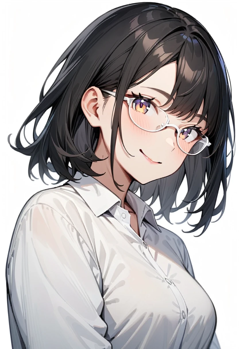 masterpiece, best quality, very aesthetic, absurdres,
1girl, solo, underrim_cell, glasses, black hair, medium hair, smile, looking at viewer, upper body, collared shirt, white framed eyewear, 
white background, simple background, 
 <lora:under_rim_glasses_cell-frame_SDXL_V1:0.4>