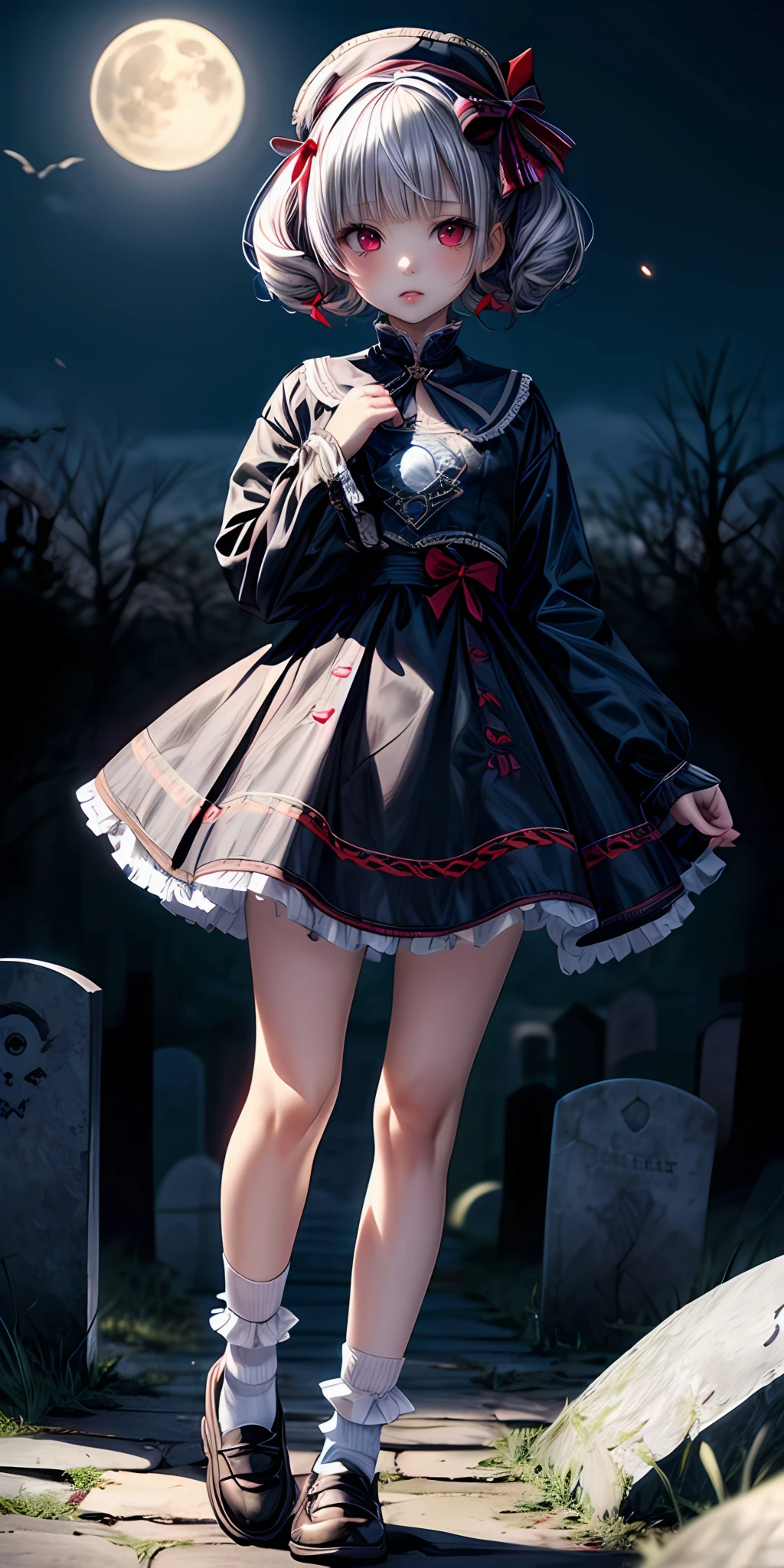 (masterpiece,ultra-detailed,best quality,8K,CG,illustration,shaved:1.0),(petite girl:1.0) <lora:more_details:1>, simple background,
<lora:jyoji fuku v21.0:0.5> jyojifuku, ofuda, ribbon, socks,shoes,graveyard,night,(darkness,no light:1.2),red eyes,sliver hair,moon