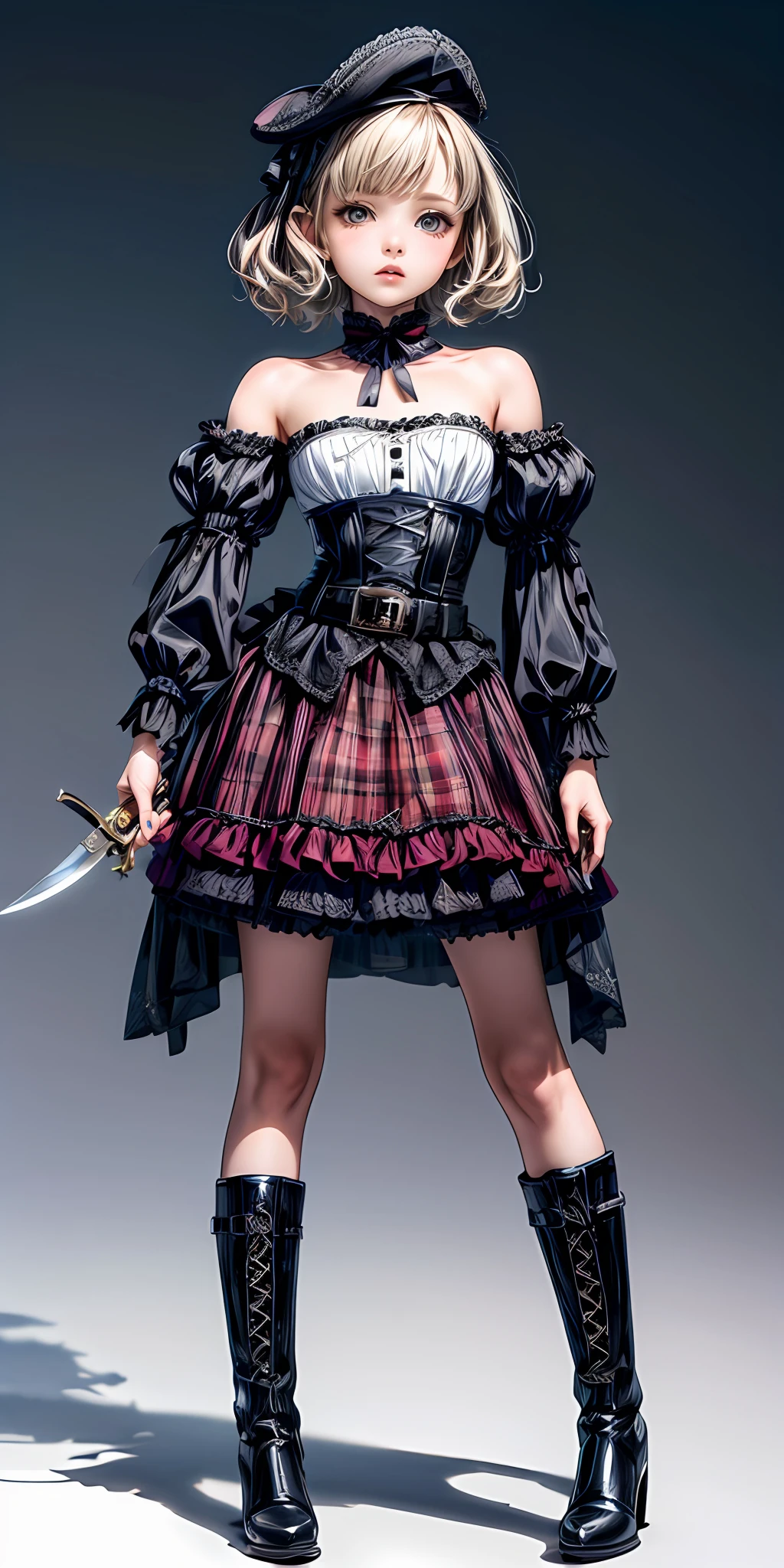 (masterpiece,ultra-detailed,best quality,8K,CG,illustration,shaved:1.0),(petite girl:1.0) <lora:more_details:1>, simple background,
<lora:jyoji fuku v20.0:0.6> jyojifuku,hat,boots, belt, corset,skirt,holding knife,cowboy shot