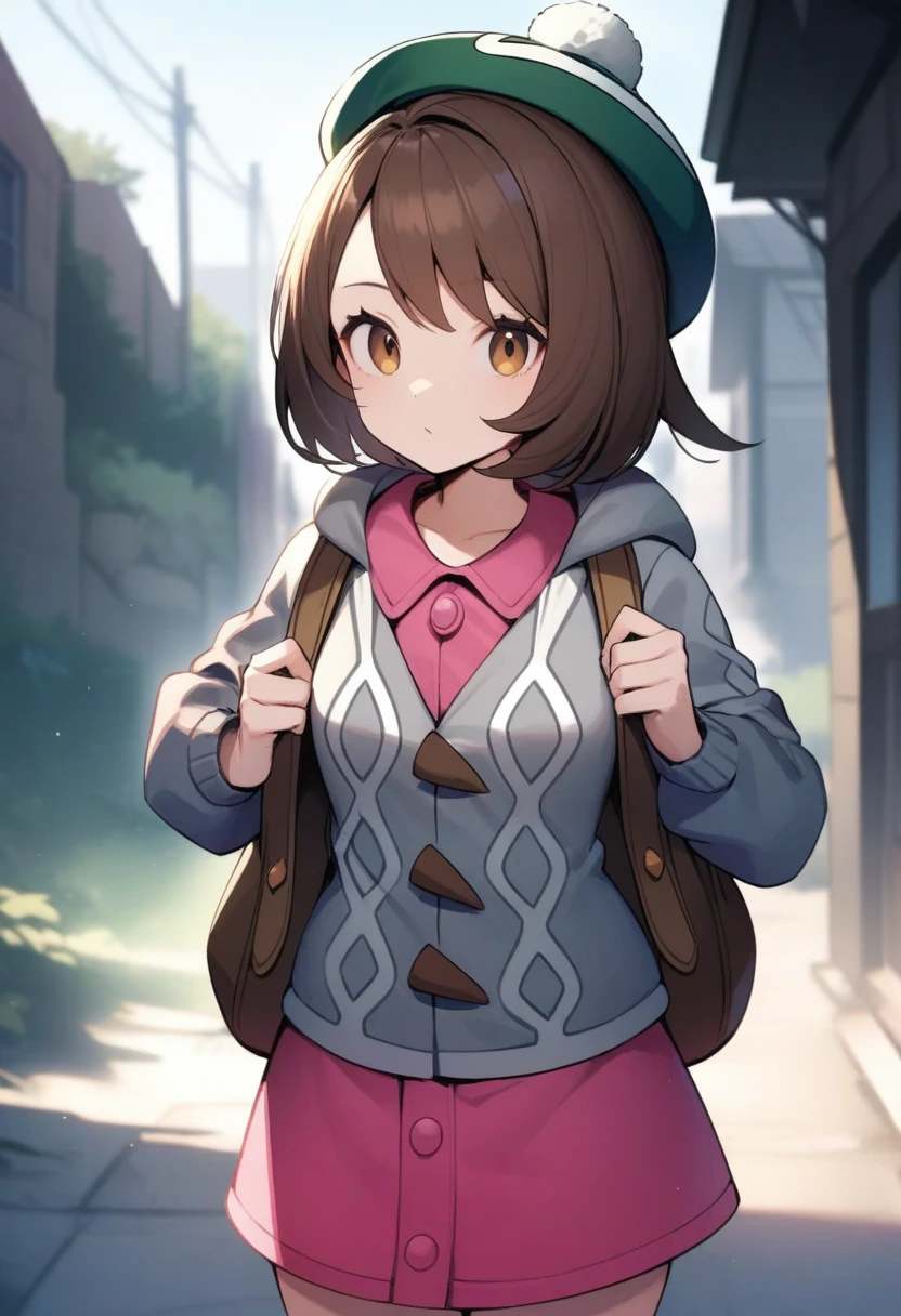 masterpiece,best quality,very aesthetic,absurdres,<lora:gloria_(pokemon):1>,gloria_\(pokemon\),1girl,tam_o'_shanter,grey_cardigan,green_hat,pink_dress,bob_cut,long_sleeves,backpack,hooded_cardigan,
