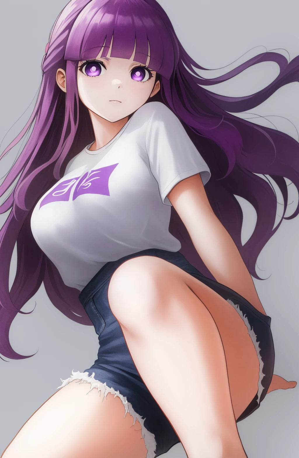 @meke77842928, meke77842928\(Artist\),masterpiece, best quality, absurdres, 1girl, solo, FernFrieren, purple pupils, long hair, half updo, t-shirt, denim shorts, background: simple, <lora:meke77842928 Style:1>,  <lora:CHAR-FernV2:0.85>