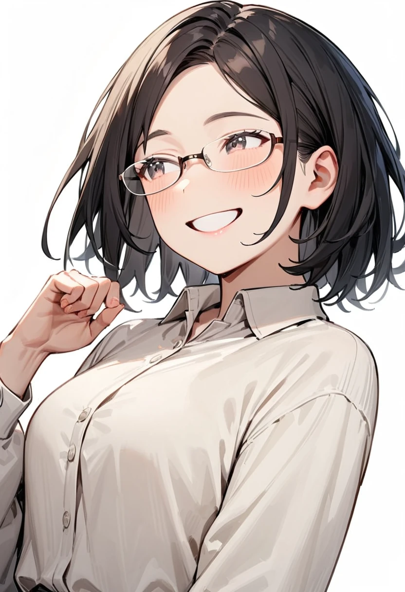 masterpiece, best quality, very aesthetic, absurdres,
1girl, solo, underrim_metal, glasses, black hair, medium hair, looking at another, upper body, collared shirt, happy, smile, 
white background, simple background, 
 <lora:under_rim_glasses_metal-frame_SDXL_V1:0.6>