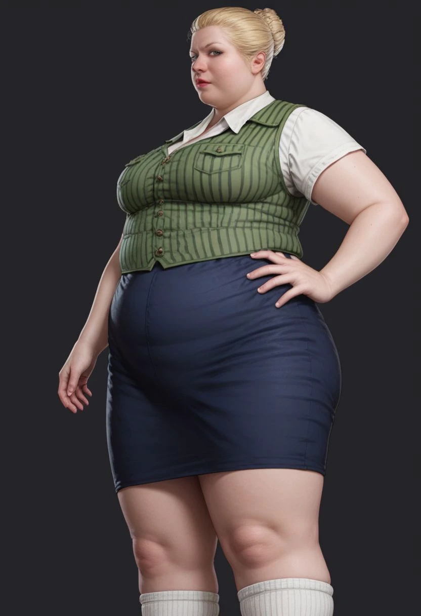 score_9, score_8_up, score_7_up, rating_explicit, 1girl, solo, sigrun engel, fat face, german, blonde hair, hair tied back, hair bun, shirt, green vest, dark blue skirt, white knee-socks, shoes, plump, fat, standing, looking down at viewer, low angle, femdom, stance, hands on hips, simple background, black background, rim lighting,