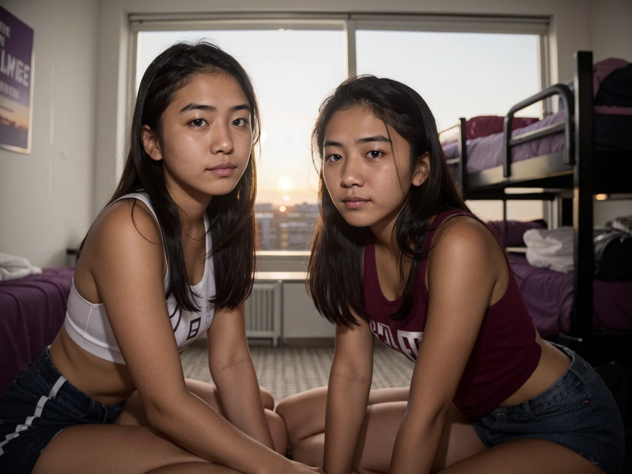 cinematic photo  a empty college dorm, at dusk with two female students <lora:college-dorm-v1.0-000001:0.9> . 35mm photograph, film, bokeh, professional, 4k, highly detailed