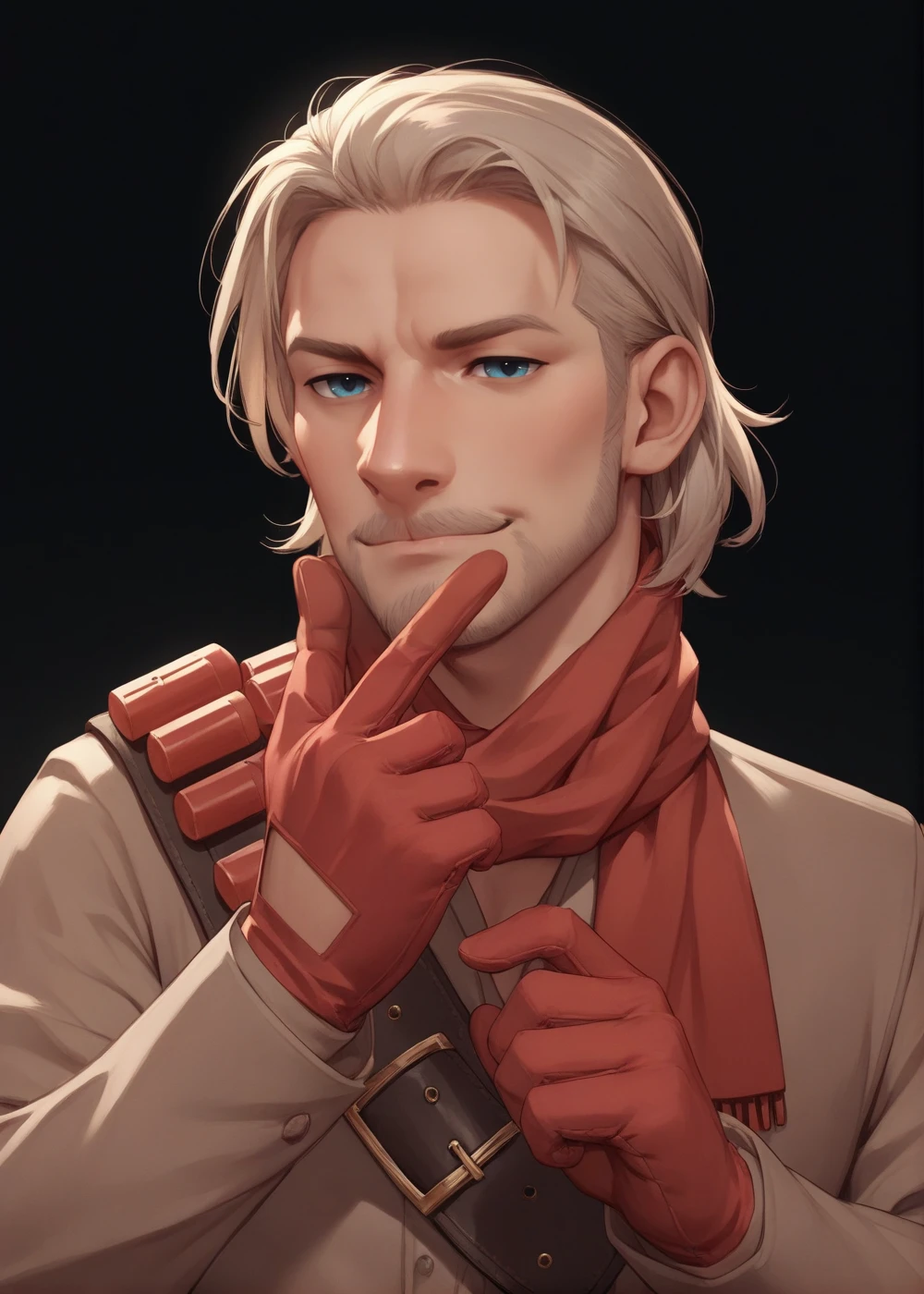 upper body, finger pistols, black background,<lora:Revolver_Ocelot:0.8> ocelot, facial hair, red scarf, medium hair, blue eyes, khaki shirt, belt, red gloves, brown pants,, BREAK score_9, score_8_up, score_7_up, score_6_up, score_5_up,