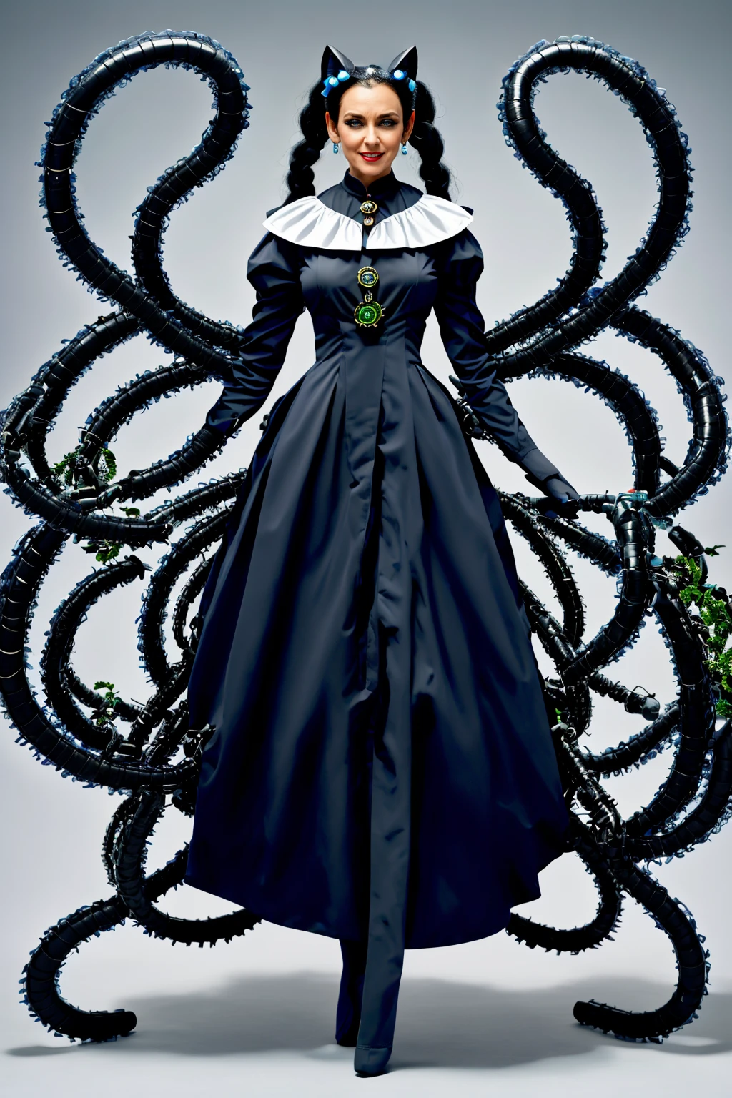 fullbody,standing,close up 1girl, solo, felicia (vampire), big hair, animal ears, tail, long hair, blue hair, cat ears, animal hands, nun, green eyes, dress, cat tail, jewelry, necklace, habit, full body, claws, alternate costume, hand on hip, smile, mature woman, (masterpiece, Best Quality, Extremely Detailed, Ultra Quality, 4k)
<lora:Mechanical_limbs_LyCORIS:1>