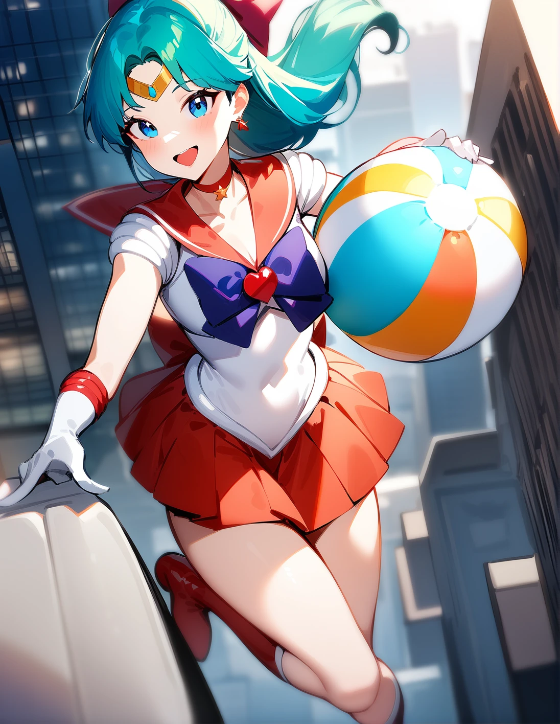 masterpiece, best quality, very aesthetic, absurdres,1girl, solo, recon hair, aqua hair,<lora:sdxl-sailor_senshi_uniform-v1:1>, sailor_senshi_uniform,circlet,choker, red sailor collar, red skirt,boots, smile, open mouth,, Posing as if holding a beach ball,on top of a skyscraper
