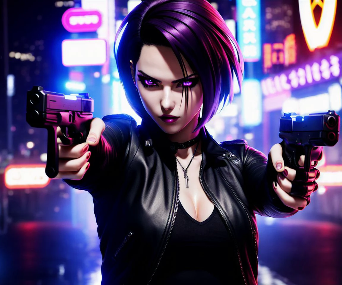 anime drawing of a woman aiming a pistol at you, futuristic glock gun, wearing a leather jacket, sidecut purple hair, cyberpunk, in a neon city, dramatic lighting, good quality, sharp focus, bokeh, concept art, digital art