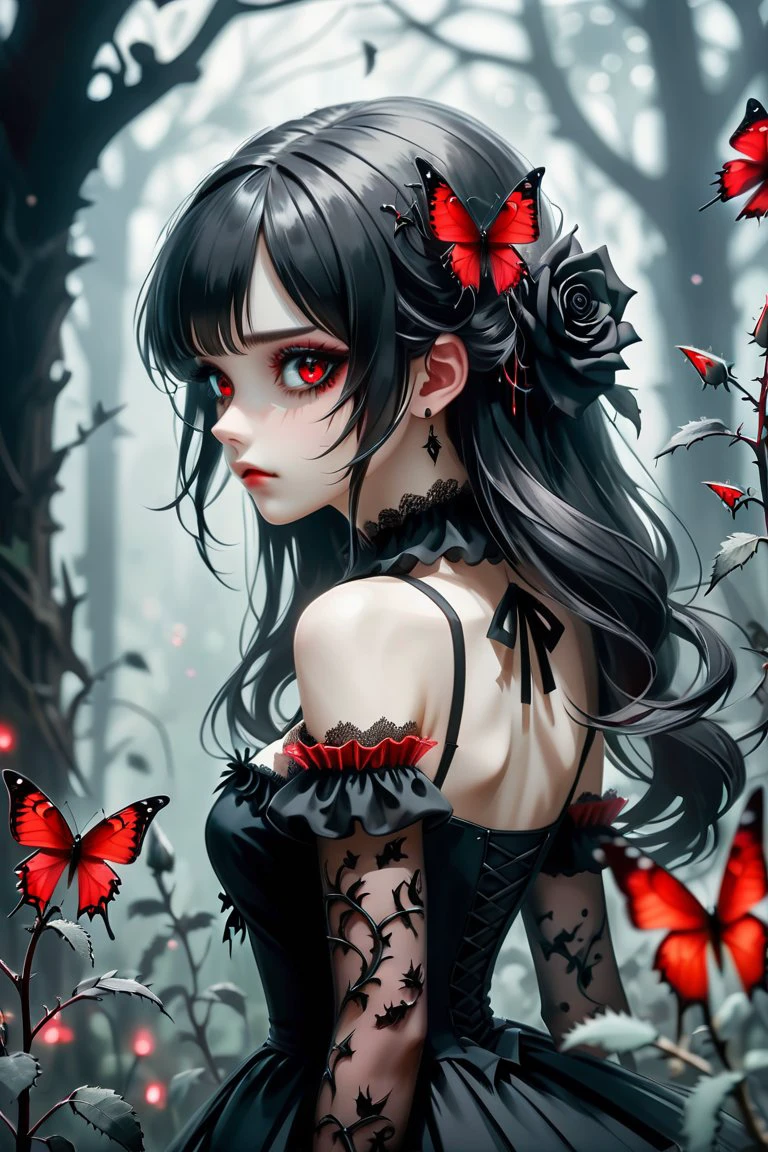 (score_9,score_8_up,score_7_up),year 2023,1girl,solo,red and black theme,strong picture,dark,upper body,side_face,sad,parted_lips,looking back,floating hair,black dress,bare shoulders,delicate and beautiful eye,gothic_lolita,black rose,thistles and thorns,flora,fog,red butterfly,underlighting,bokeh,blurry background,strong visual impact,film lighting,from side