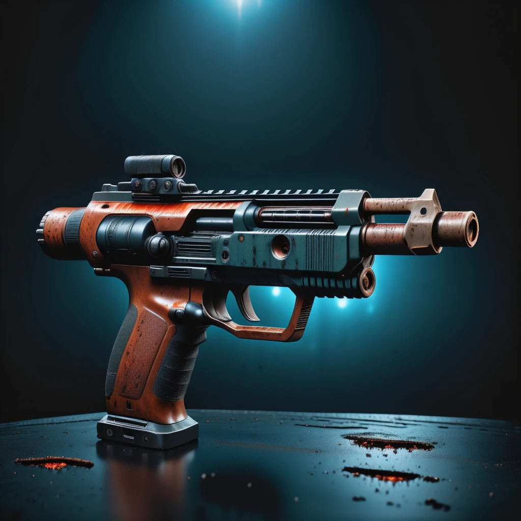 photo focus on military weapon biohazard-blaster energy-vintage-shotgun, wooden grip. science fiction, glowing cyberpunk, translucent grip, <IteMaker>, black blue simple background, red theme , grit, (rust:0.65), cracks, cracked surface, subtle messy, dust, weary, edges rusty dusty, surface scratches, peeled sun bleeched paint, smudges, crumbles, rugged, used, film, professional, 4k, highly detailed
 still life
<lora:IteMaker_SD_1.2:1>