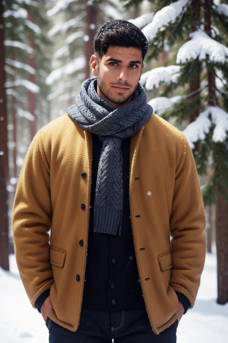 (masterpiece, best quality:1.2), photo of person, man, smirk, standing, thick legs, (depth of field:1.1), , photo of person, ((winter jacket, scarf, sweater, pants,)), hands on hips, cowboy shot, standing, winter, mountain, pinetrees, snowflakes, masterpiece, highness, perfect face, perfect picture, detailed eyes, sharp focus, ,High detailed view<lora:EMS-335313-EMS:1.000000>