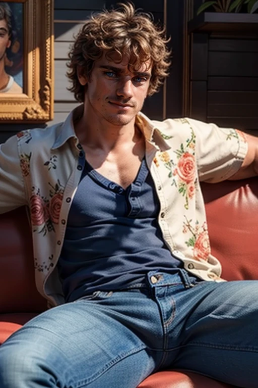 (masterpiece, best quality:1.2), man,solo, 1boy, , (depth of field:1.1), photo of man, smirk, floral shirt, denim jeans,, sitting on couch, spread legs, symmetrical body, 
, ,cowboy shot, , masterpiece, highness, perfect face, perfect picture, detailed eyes, sharp focus,High detailed view,photorealistic<lora:EMS-75454-EMS:0.800000>, <lora:EMS-339119-EMS:1.000000>