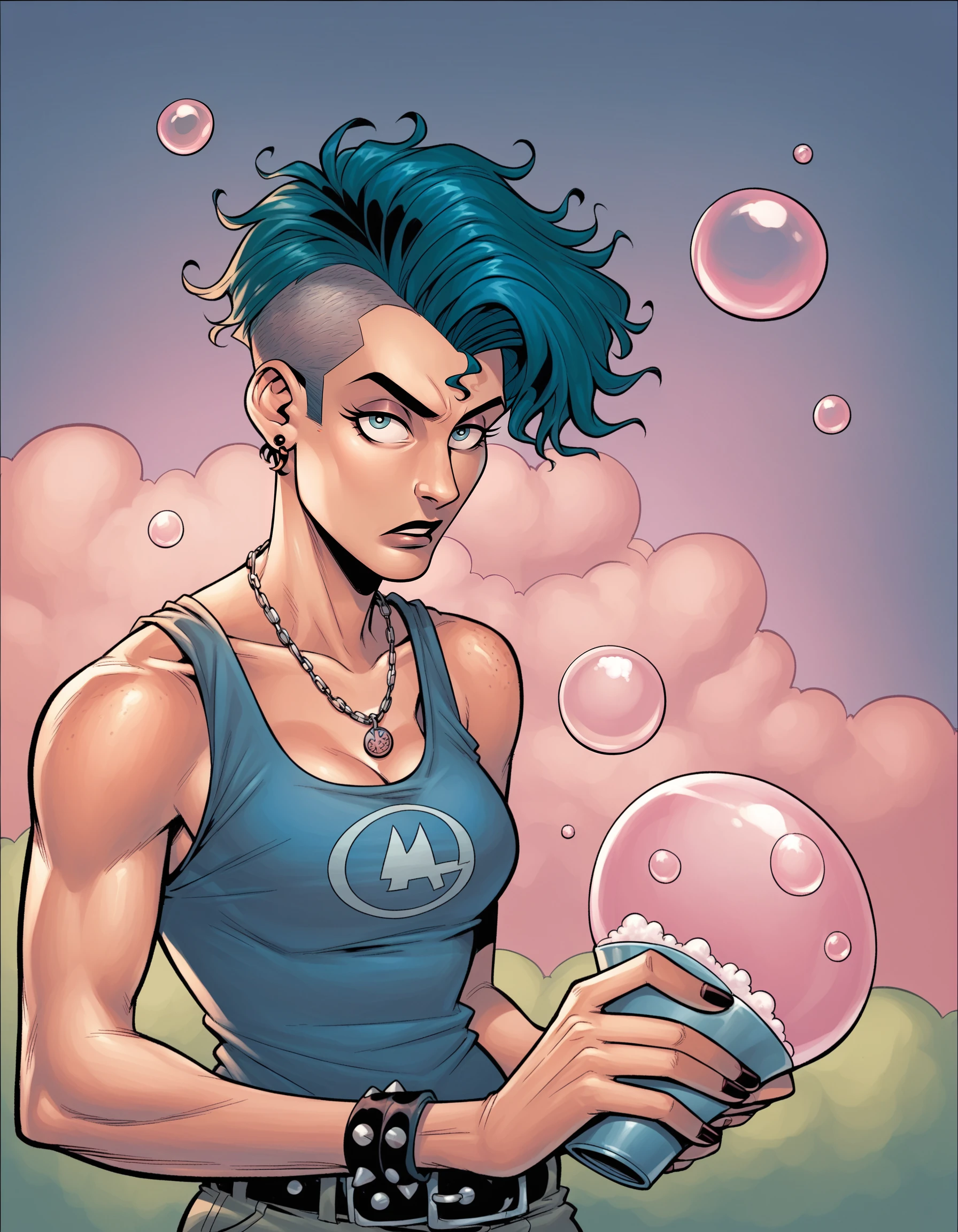 Ringo! Style, drunken beautiful woman as delirium from sandman, (hallucinating colorful soap bubbles), punk rock, tank girl, high detailed, 8k, PnyCmicXLPOS, <lora:RingoStylePonyXL:1>