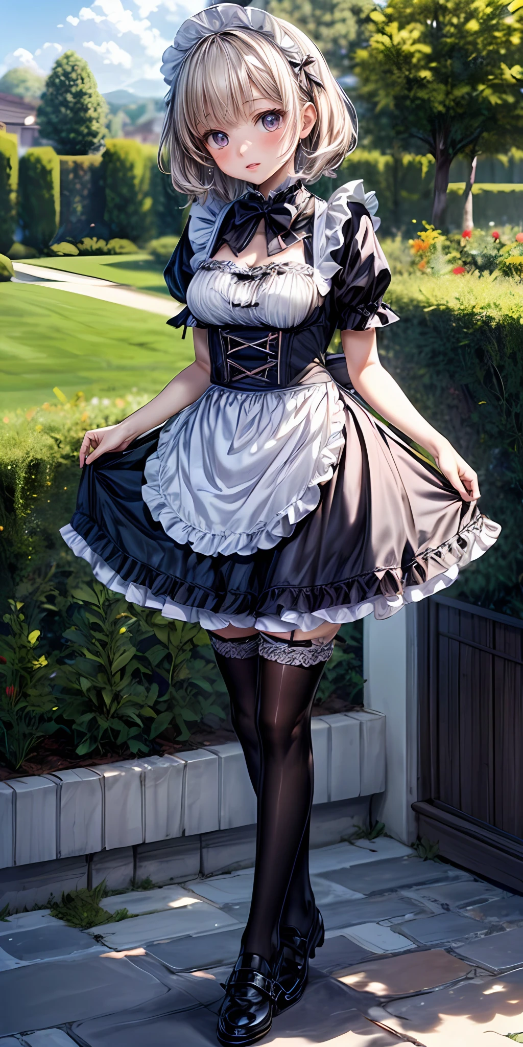(masterpiece,ultra-detailed,best quality,8K,CG,illustration,shaved:1.0),(ite girl:1.0) <lora:more_details:1>, simple background,
<lora:jyoji fuku v18.0:0.5> jyojifuku, frills, apron,thighhighs,shoes,garden,outdoor,sky,bow <lora:lkp v1.1:0.2> lkp, breasts